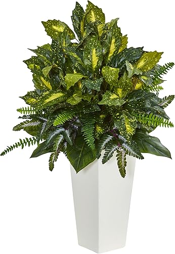 Nearly Natural Planta artificial mixta de filodendro esmeralda en maceta de torre blanca, verde