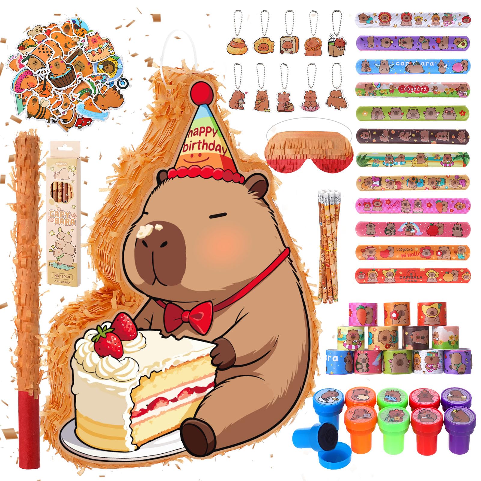 Pinata Geburtstag mit Stab & Maske, Capybara Pinata Set mit 96 Capybara Füllungen, Partypinata zum Aufhängen Befüllen, Piñata als Party Deko in 43x31x7 cm