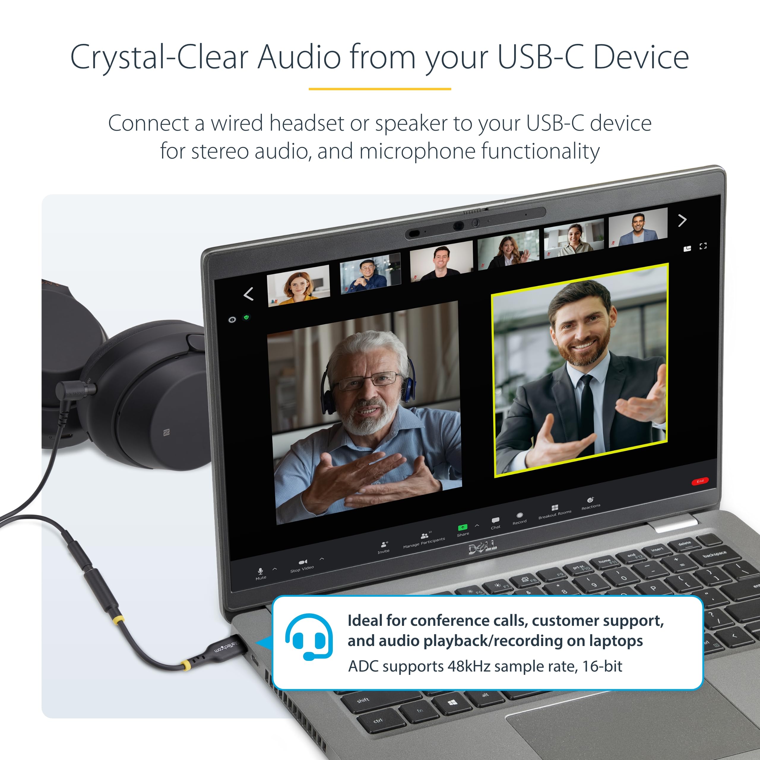 StarTech.com Adapter audio USB-C na 3,5 mm TRRS gniazdo słuchawkowe/słuchawkowe, USB typu C Aux Dongle, Hi-Fi 32-bitowy DAC, do PC/telefonu