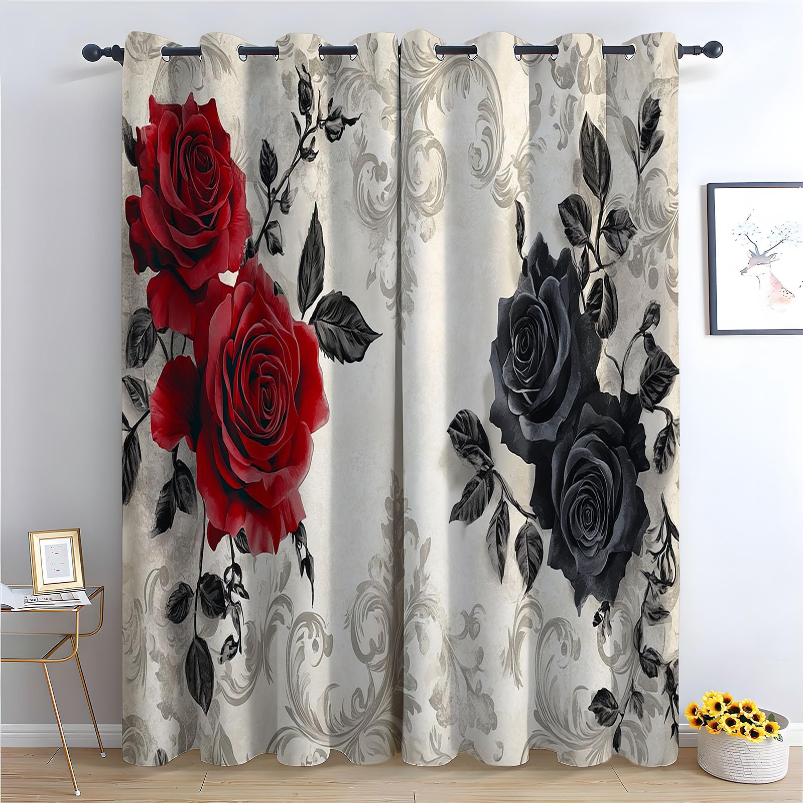 WQBQKKX Green Plant Curtains Gray Thermal Insulated Curtains Print Pattern Room Darkening Window Drapes for Bedroom Living Room-52 W x 96" L (Pack of 2)