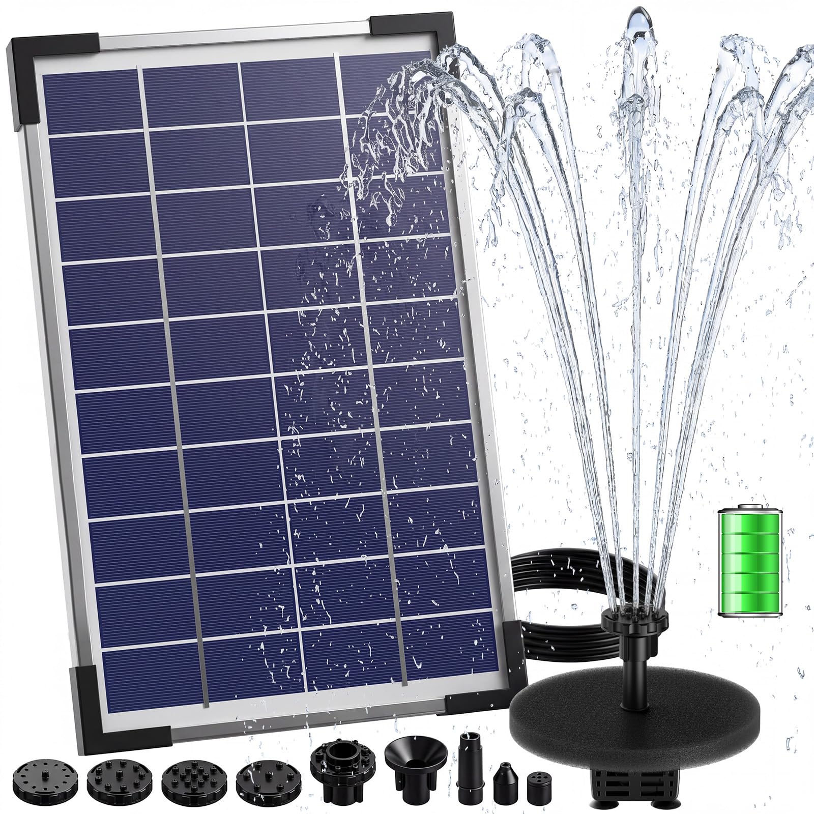 AISITIN 5,5W Solarbrunnen für Draussen, Eingebaute 1500mAh Batterie Solar Springbrunnen für Außen, Schwimmender Fontäne Pumpe mit 10 Fontänenstile für Garten,Vogel-Bad,Teich,Fisch-Behälter,Wasserspiel