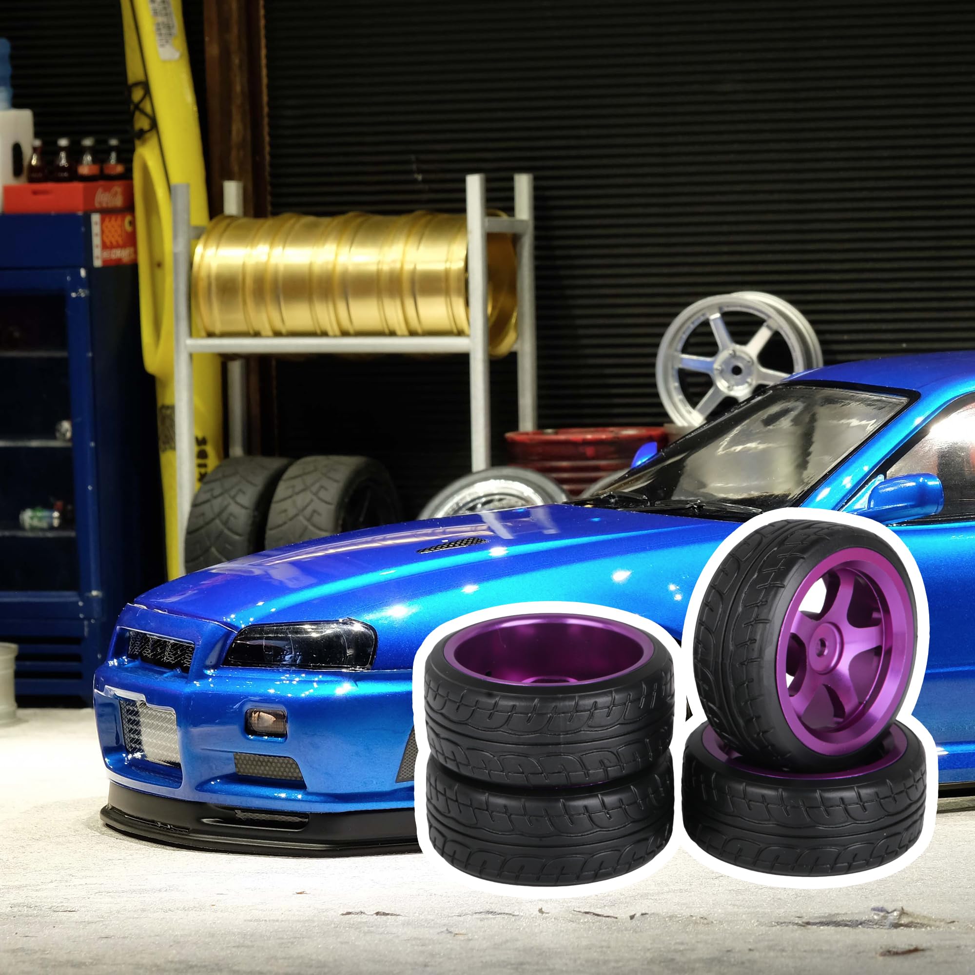 MXFANS 4-Piece Black RC Car Wheel & Tire Set - 1:10 Scale On Road Alloy Rims