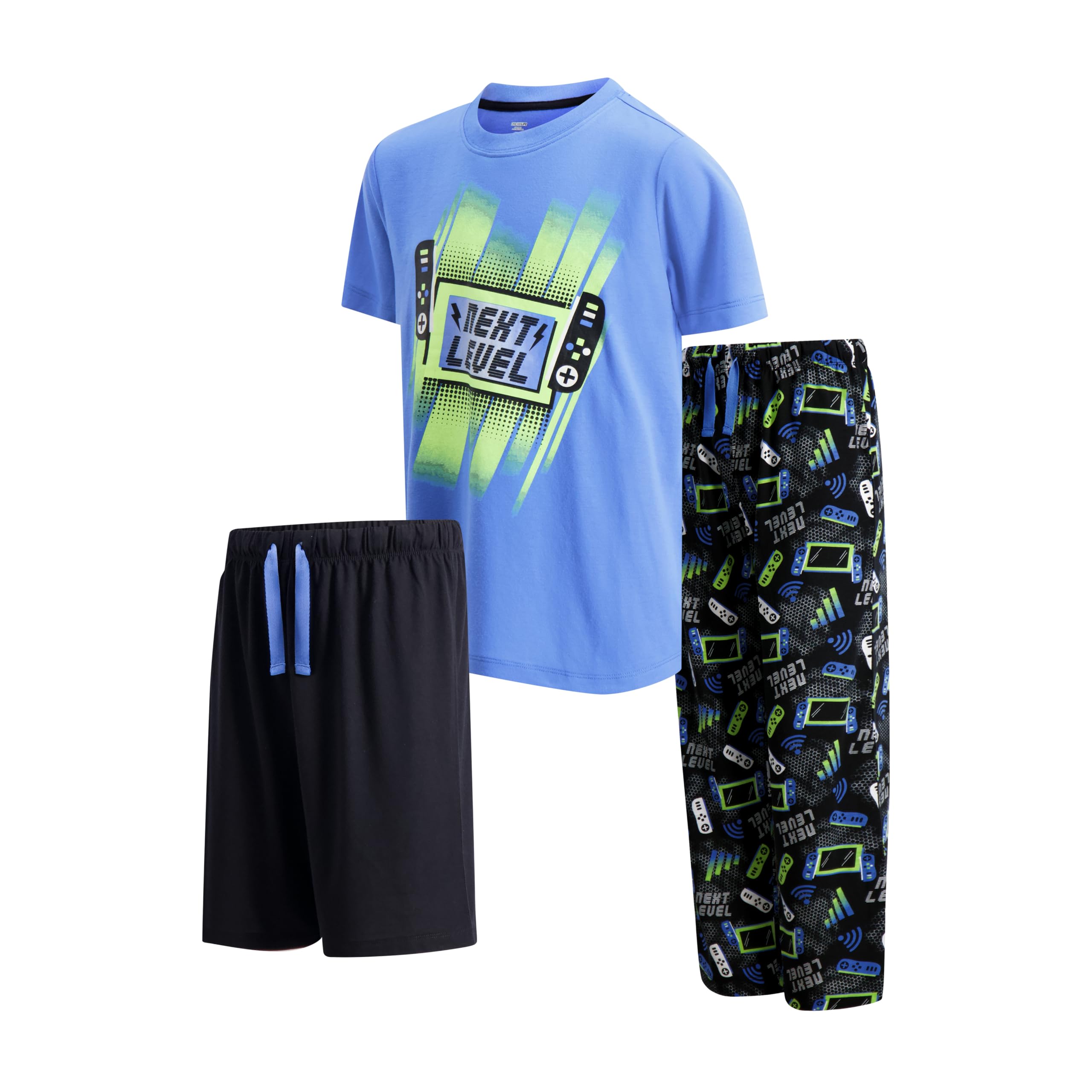US Angels Boys Pajamas Set | 3-Piece Pant, Shirt, Shorts Sleepwear Pjs for Kids | Loose Fit, Soft, Breathable Blue Plaid