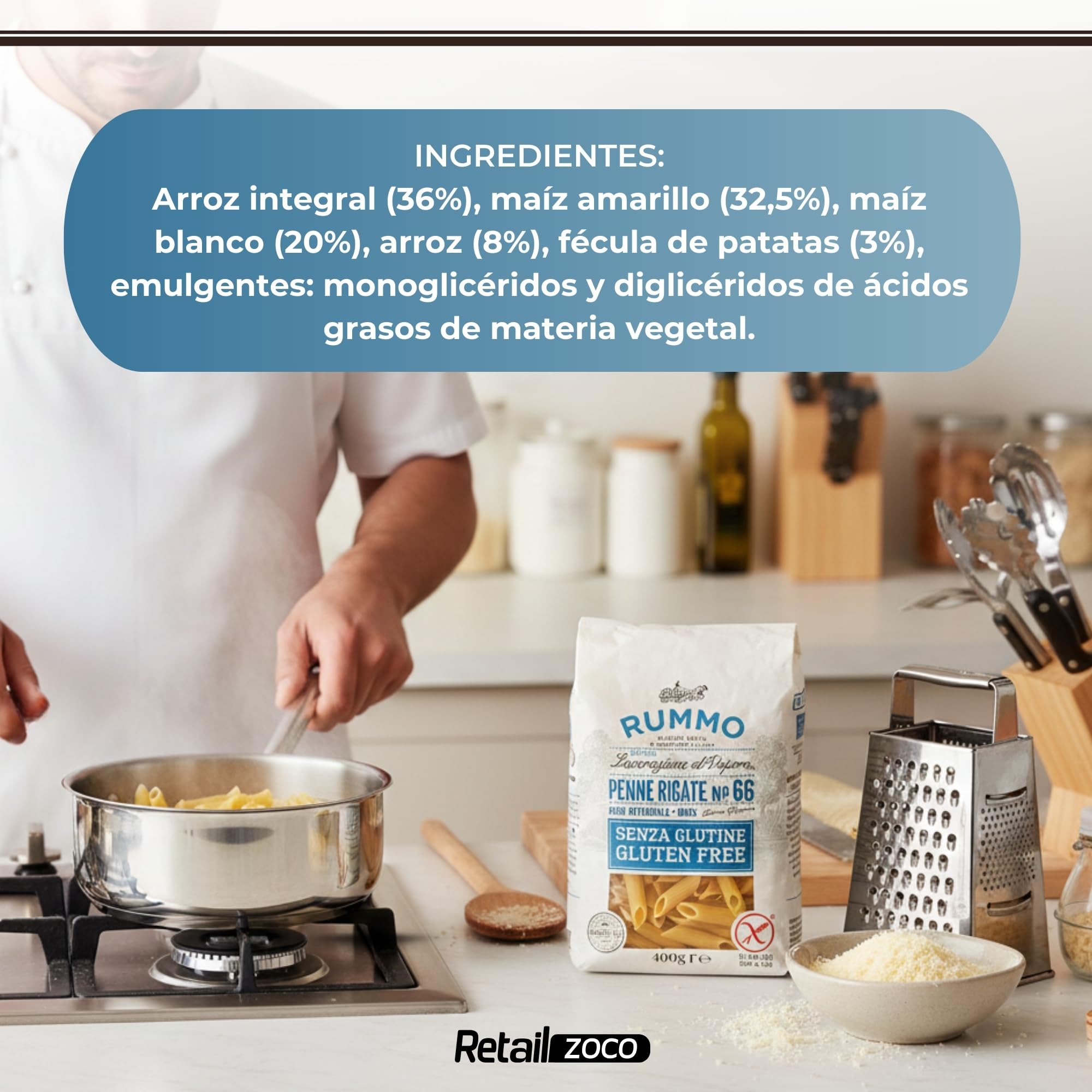 Pasta Rummo Penne Rigate SIN Gluten Nº66, Pasta Italiana, Pasta alimenticia con harina de arroz integral y maíz, Sin gluten, Elaboración lenta, Tiempo de cocción 12 minutos, 6 Paquetes de 400 gr