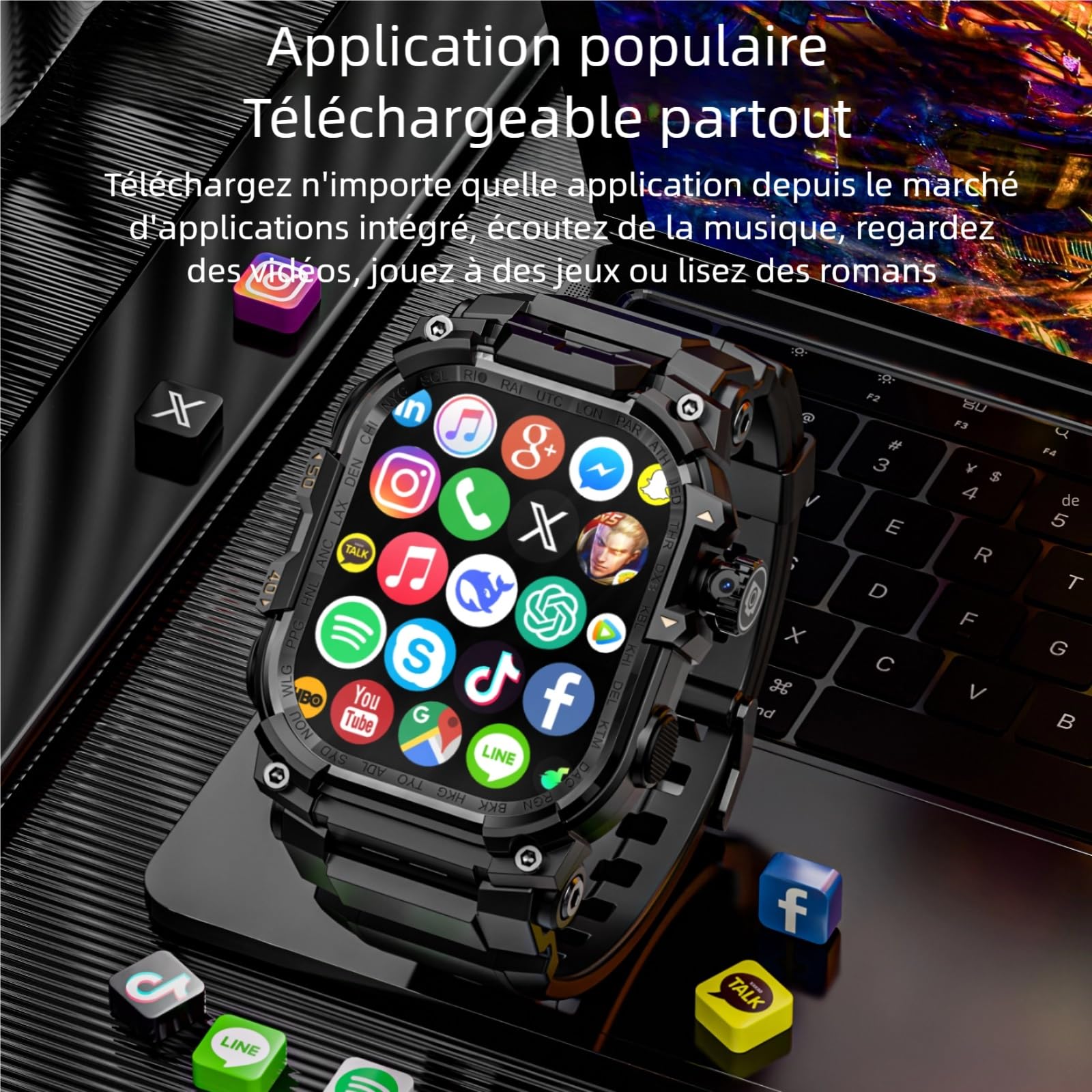 LOKMAT Montre intelligente 4G avec grand écran AMOLED 2,06", 3 Go + 32 Go, pour homme, militaire, robuste, sport, Android, montre connectée avec GPS, appareil photo rotatif, montre de fitness pour