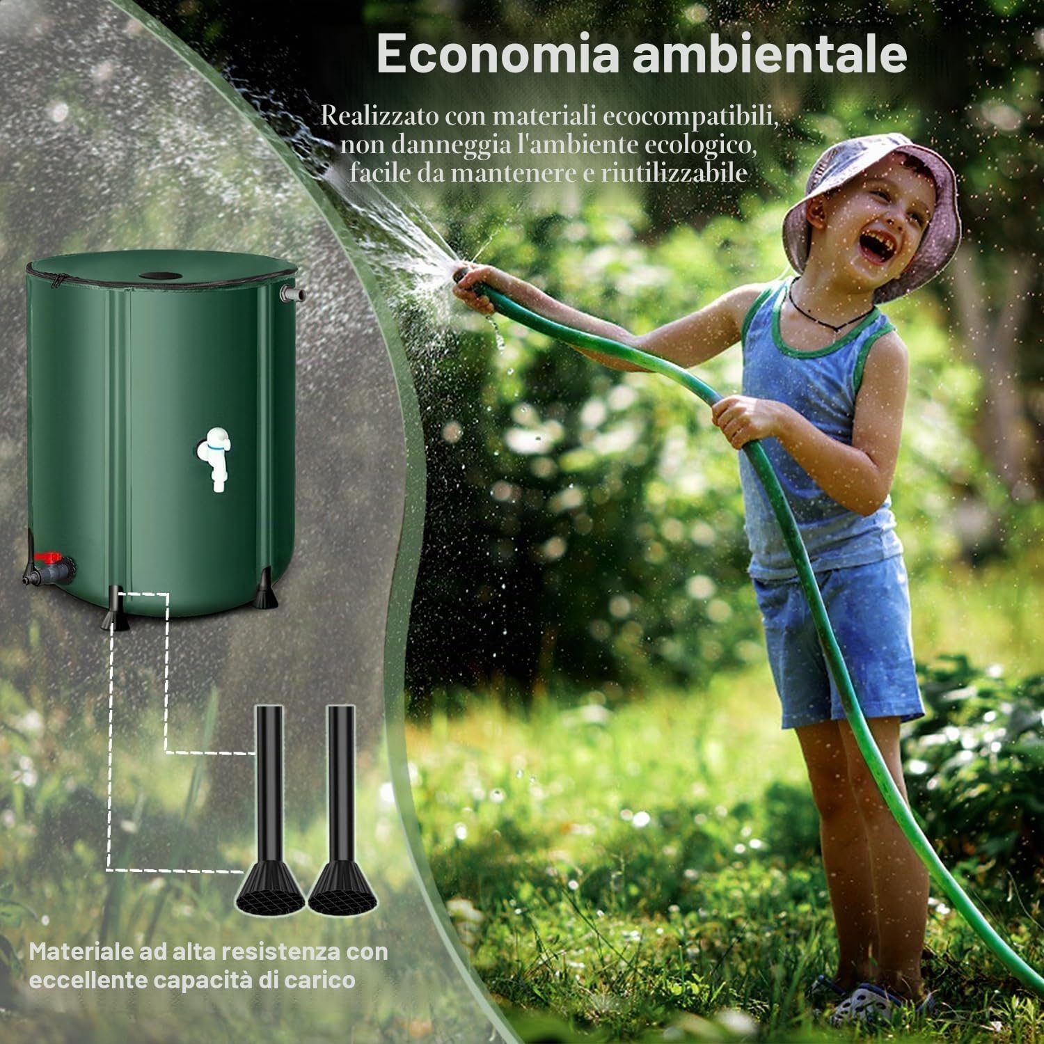 Serbatoio Acqua Piovana Pieghevole 500L 1000L Verde | Cisterna Raccolta con Rubinetto Superiore e Scarico Inferiore, Contenitore Portatile per Giardino, Irrigazione e Campeggio(264 gallons/1000 L)