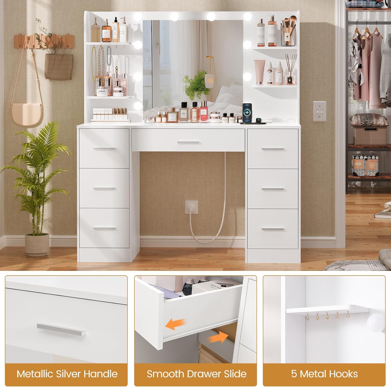 Quimoo Large Vanity Desk with LED Lighted Mirror & Power Outlet,Makeup Vanity Table with 7 Drawers,4 Shelves and 5 Hooks,Vanity Table, Vanity Desk Set for Bedroom,Bathroom,White
