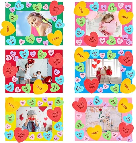 Juego de 207 piezas de manualidades para el día de San Valentín para niños incluye 27 marcos de fotos de espuma de San Valentín 6 colores marcos de