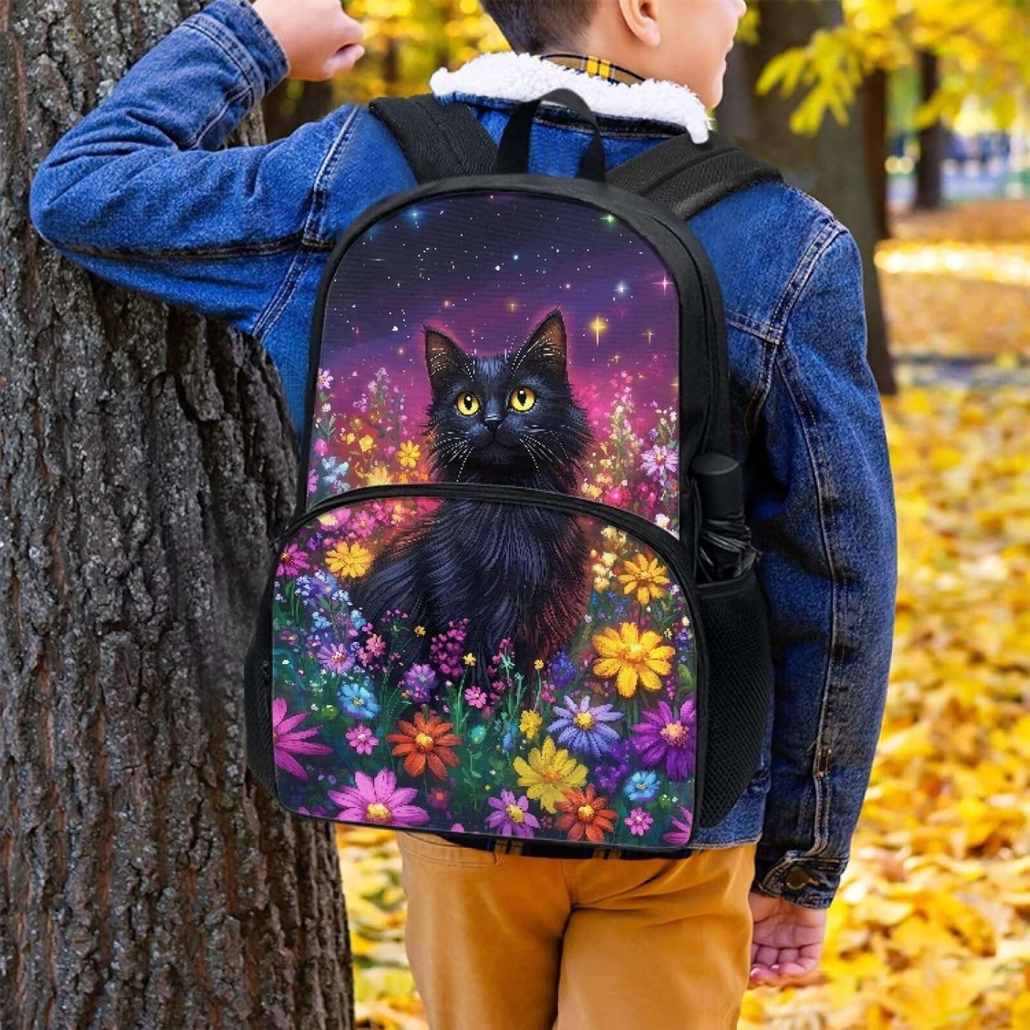 chaqlin Black Cat Flower Prints Backpack for Girls Lightweight Bookbag Primary School Daypack Elementary Students Knapsack