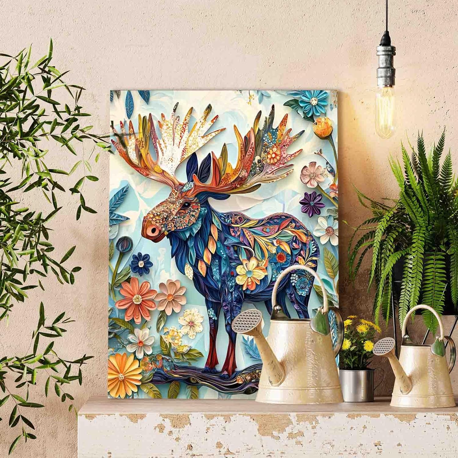 Colorful Moose Animal Paint by Numbers for Adults Beginner and Students Kids,Vibrant Flowers Moose Paint by Numbers on Canvas,DIY Acrylic Painting for Home Wall Decoration 16X20 Inch (DIY Frame)