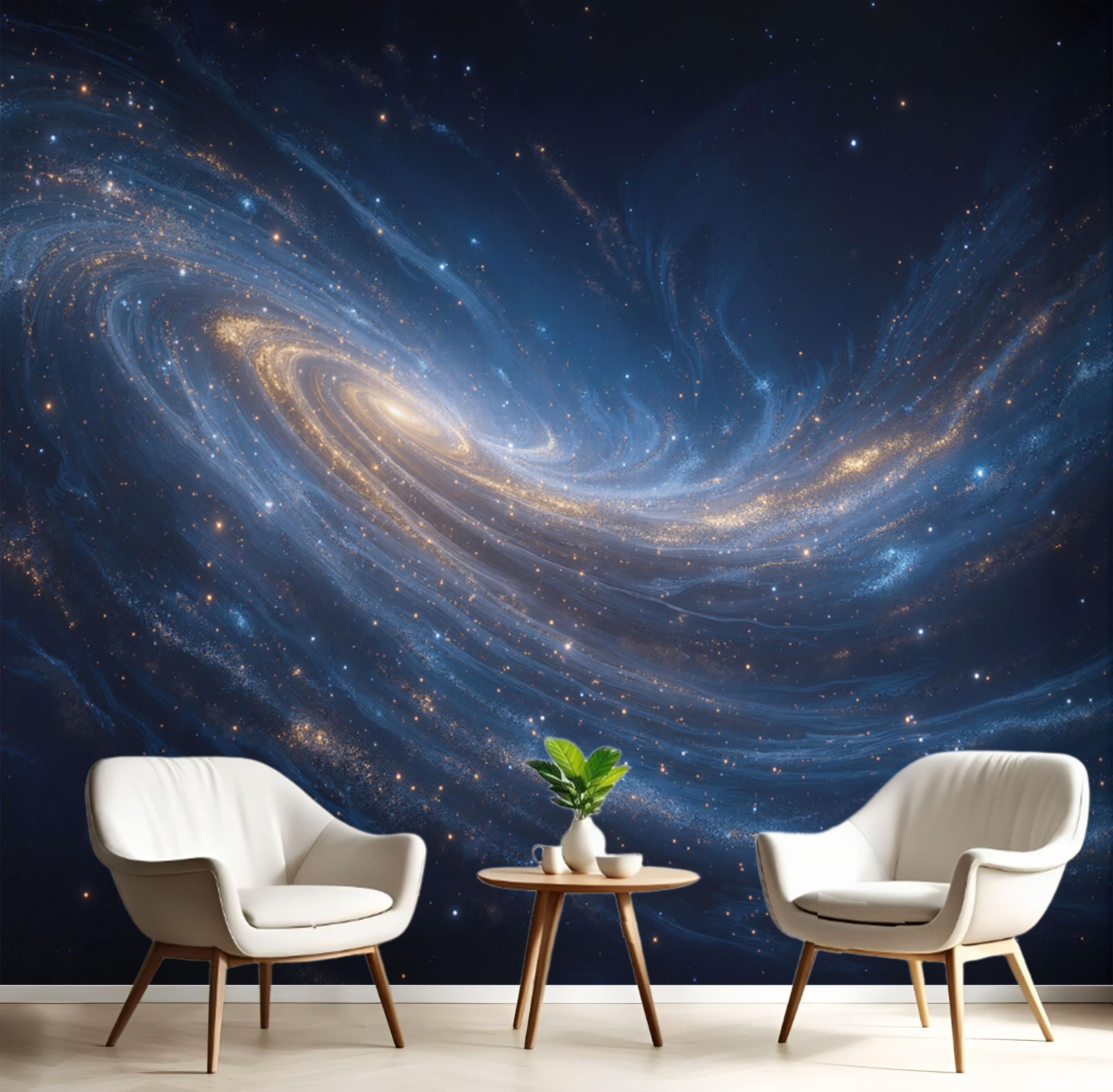 Papier peint bleu marine motif galaxie pour habiller le mur du salon