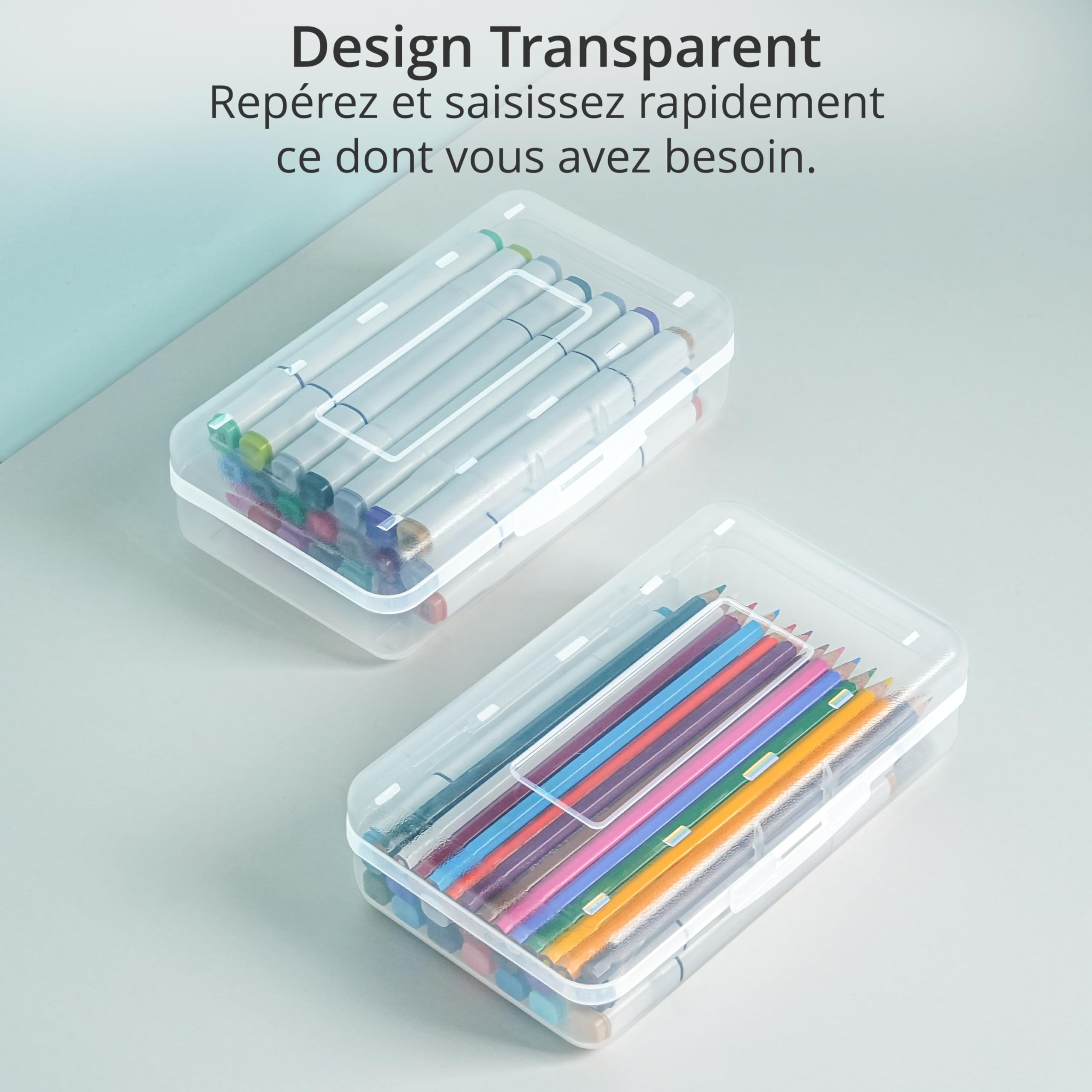 Winter Shore Boite Rangement Feutre en Plastique, Large Capacité (Lot de 4) | Rangement Stylo Bureau Transparent & Rigide avec Couvercle Fermé, Boites Empilables, Jusqu'à 100 Crayons