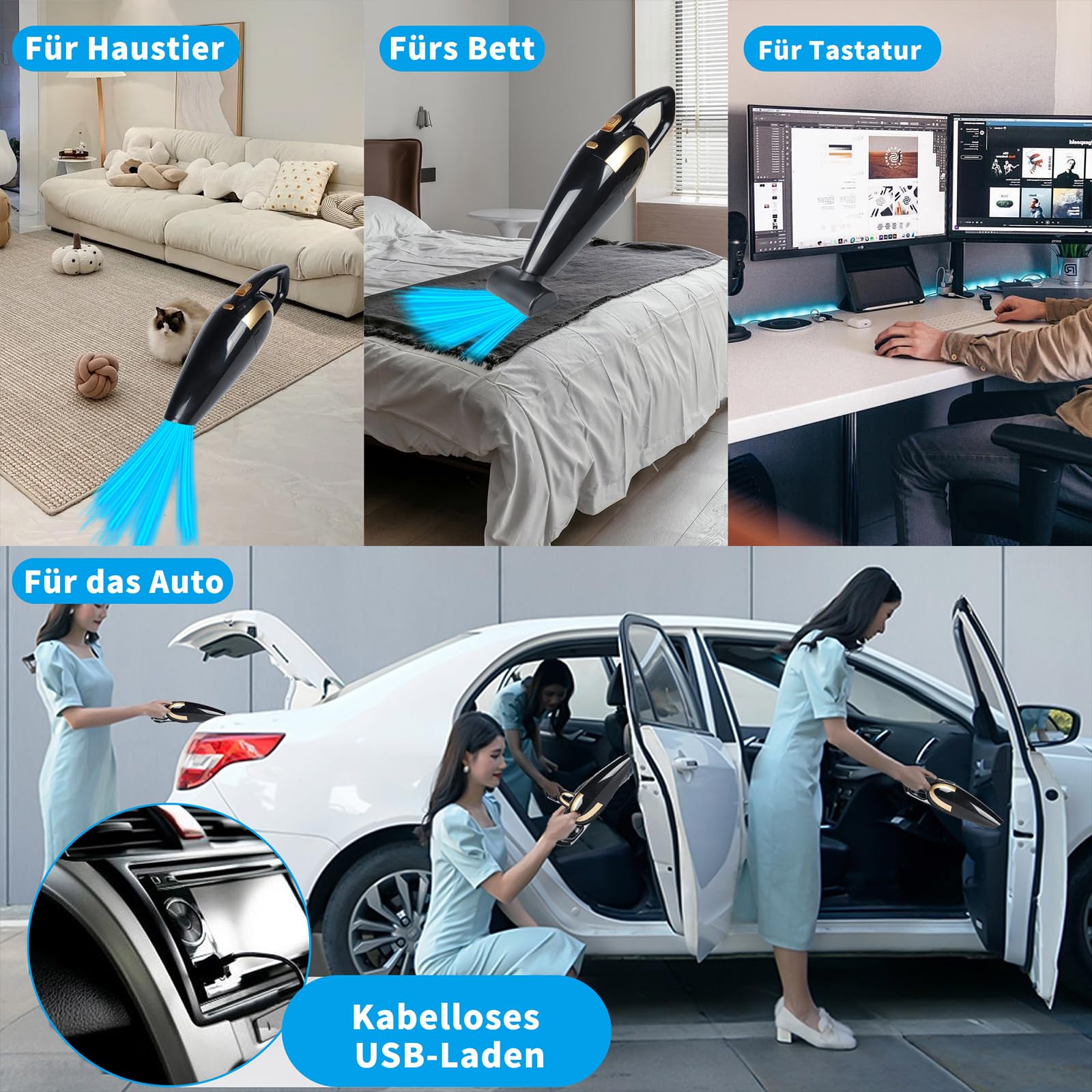 LIKE SHOW Aspiradora de mano inalámbrica y portátil, 15000 pa, aspiradora inalámbrica para coche, 120 W, mini portátil, recargable, batería