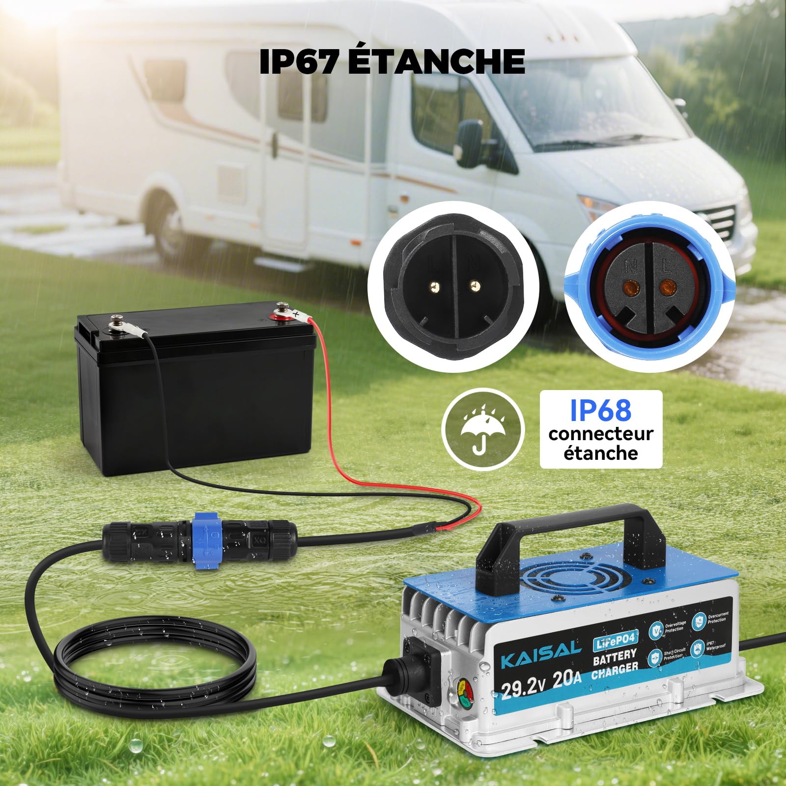 KAISAL 29.2V 20A Chargeur de Batterie LiFePO4, 24V 20A Chargeur de Batterie au Lithium, étanche IP67, Multiples Protections de Sécurité, pour Voiturette de Golf, RV, Bateau, Solaire