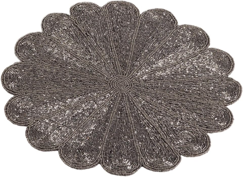 Fennco Styles Flower Design Handmade Beaded 15-inch Round Placemat, 1-Piece - Pewter Elegant Table Mat for Banquets, Family Gathering, Special Events and Home Décor