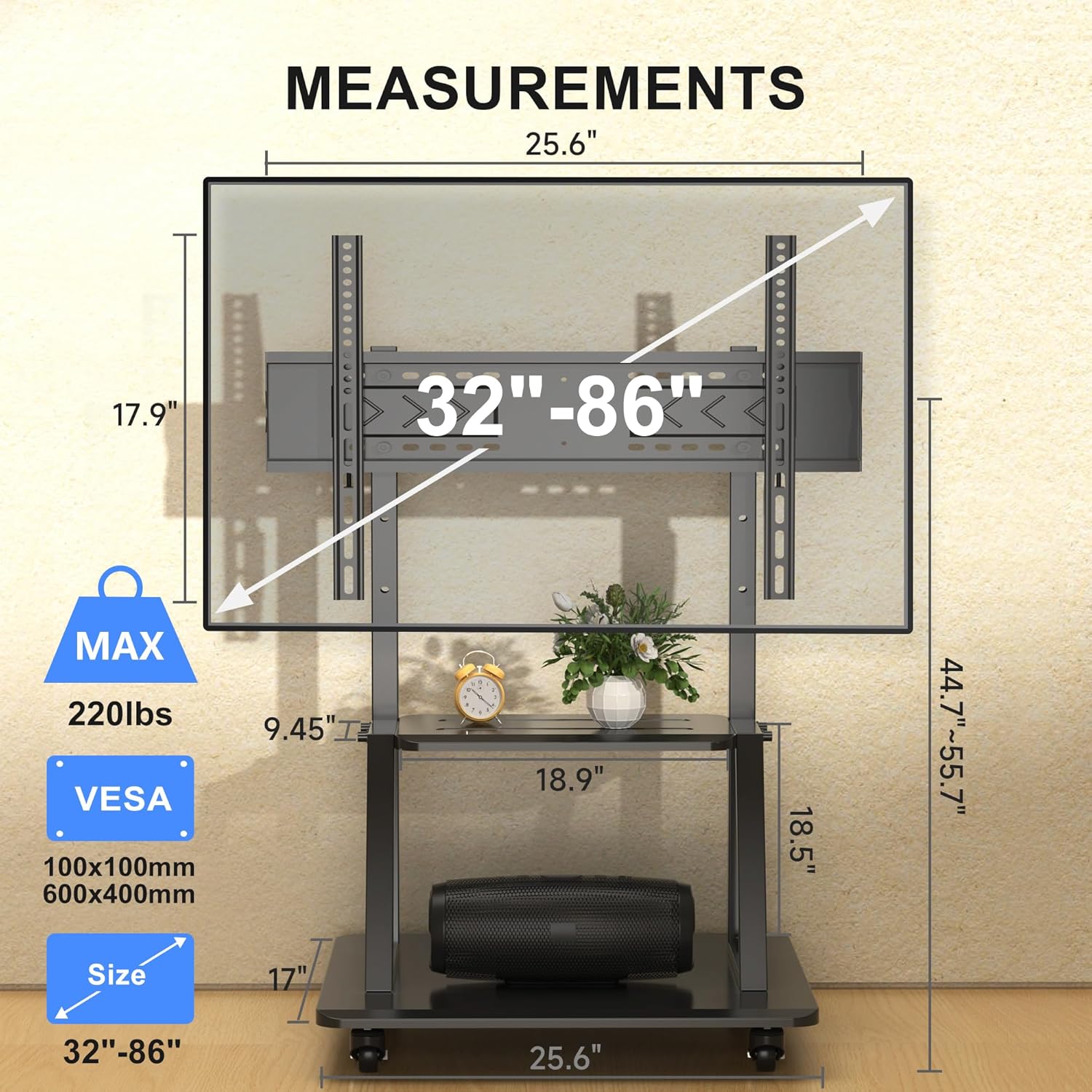 XINLEI Mobile TV Stand on Wheels for Most 32-86 Inch LCD LED OLED Flat Panel Screens, Heavy Duty Rolling TV Cart with Shelf and Large Base, Hold up to 220 lbs