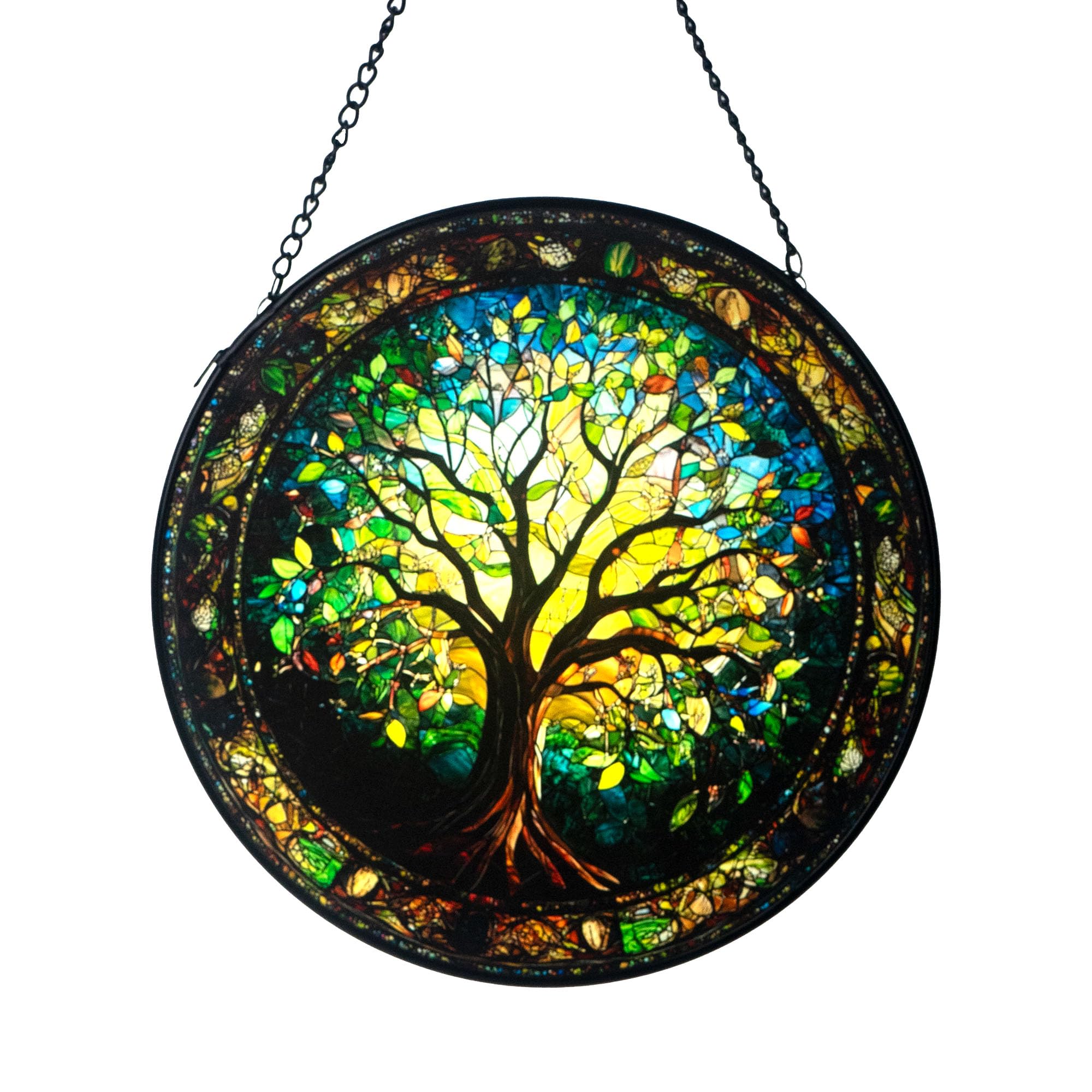 Stained Glass Window Hanging, Colorful Tree of Life Suncatcher Glass Panel, Decorative Sun Catcher for Birthdays, Gifts for Women, Men, Wife, Aunt and Mom, 20x20 cm