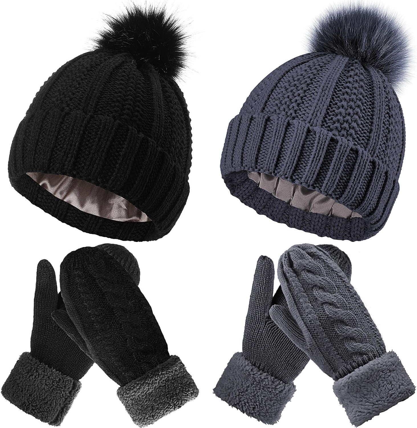 4-Pc Winter Beanie & Mittens Set – Satin Lined Knit Hat & Gloves 4-Pc Winter Beanie & Mittens Set – Satin Lined Knit Hat & Gloves