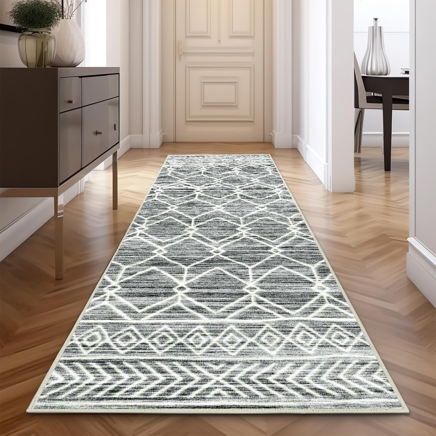 jinchan Hallway Runner Rug 2x10 - Moroccan Kitchen Machine Washable Runner Rug Modern Geometric Ultra-Thin Low-Pile Non-Slip Carpet for Laundry Room