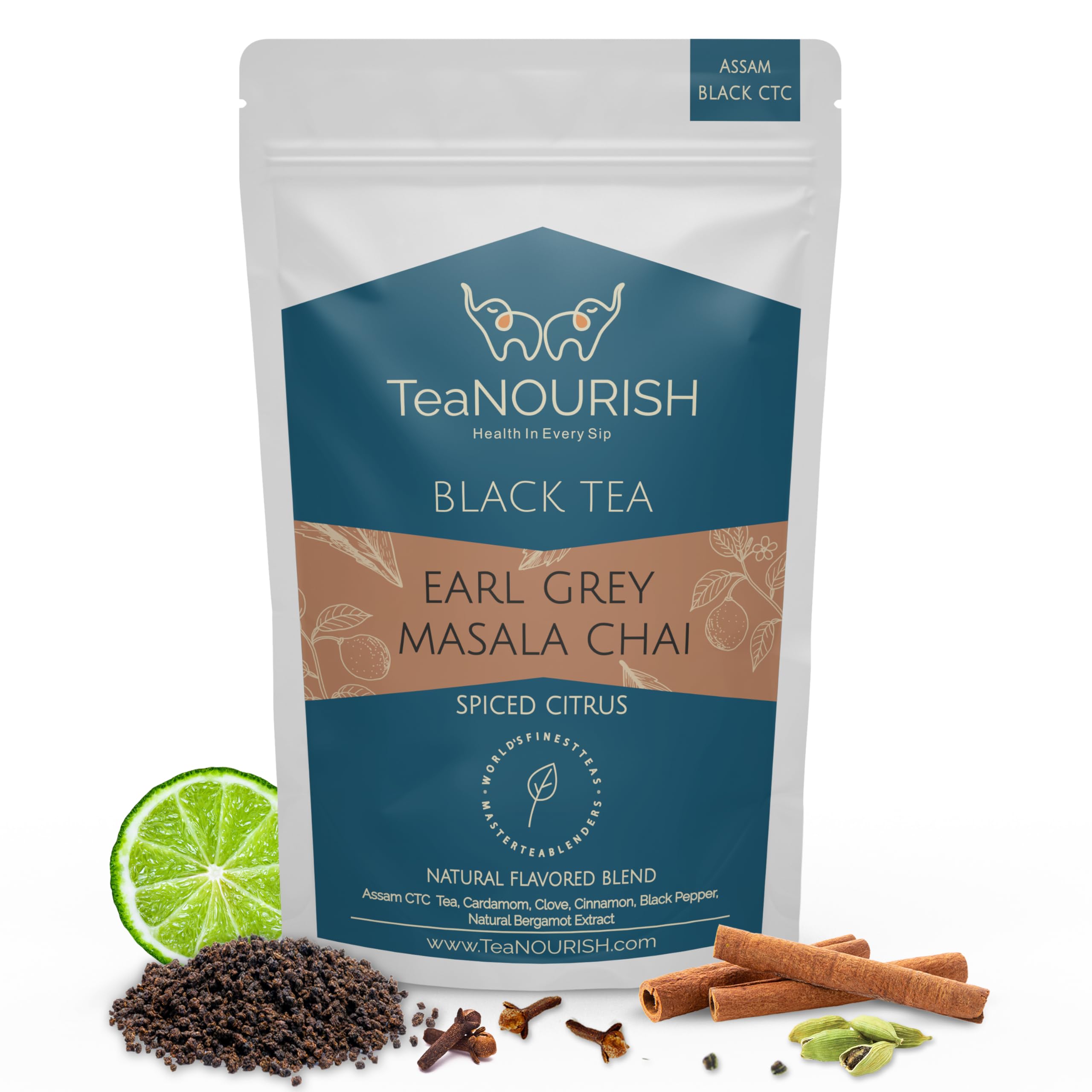 TeaNOURISH Earl Grey Masala Chai Tea | Spiced Citrus | Blend of Assam CTC, Cardamom, Cinnamon, Black Pepper, Clove, Natural Bergamot Extract | 100%