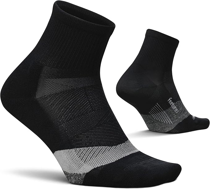 Feetures Elite Light Cushion Quarter Socks - Color: New Black A pair of New Black Feetures Elite Light Cushion Quarter Socks displayed on a white background, showcasing their ankle height, light cushioning, and breathable mesh design for running and athletic activities.