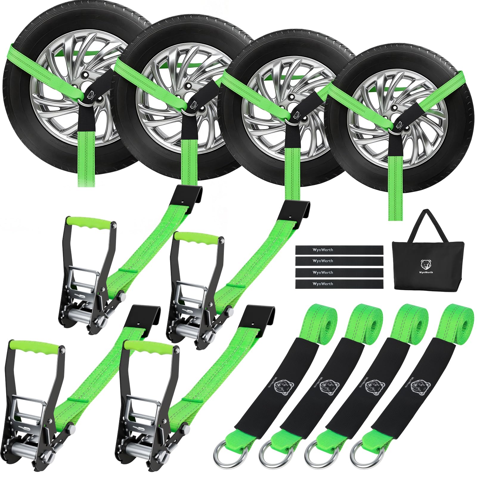 Auto-Spanngurte für Anhänger, Reifen-Ratschengurt mit flachen Haken, 5,1 cm x 2,4 m, 4,5 kg Bruchfestigkeit, T-Griff, Autotransporter, Reifen, Lasso Radgurte zum Transportieren von UTV, LKW