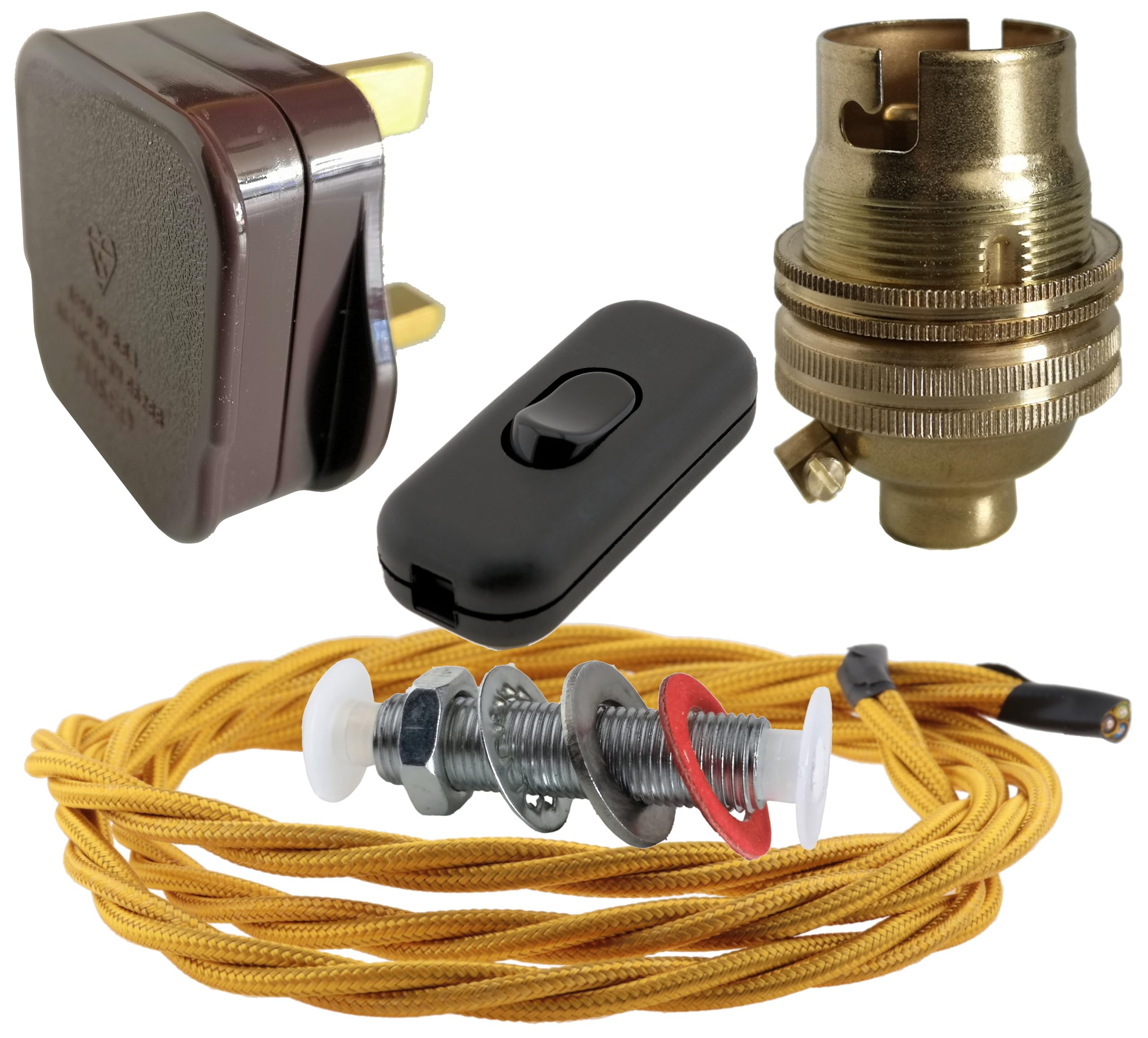 Art Deco Emporium Lamp Repair and Service Kit | Brown Plug | Gold Flex | Black Switch | B22 Brass Lamp Holder