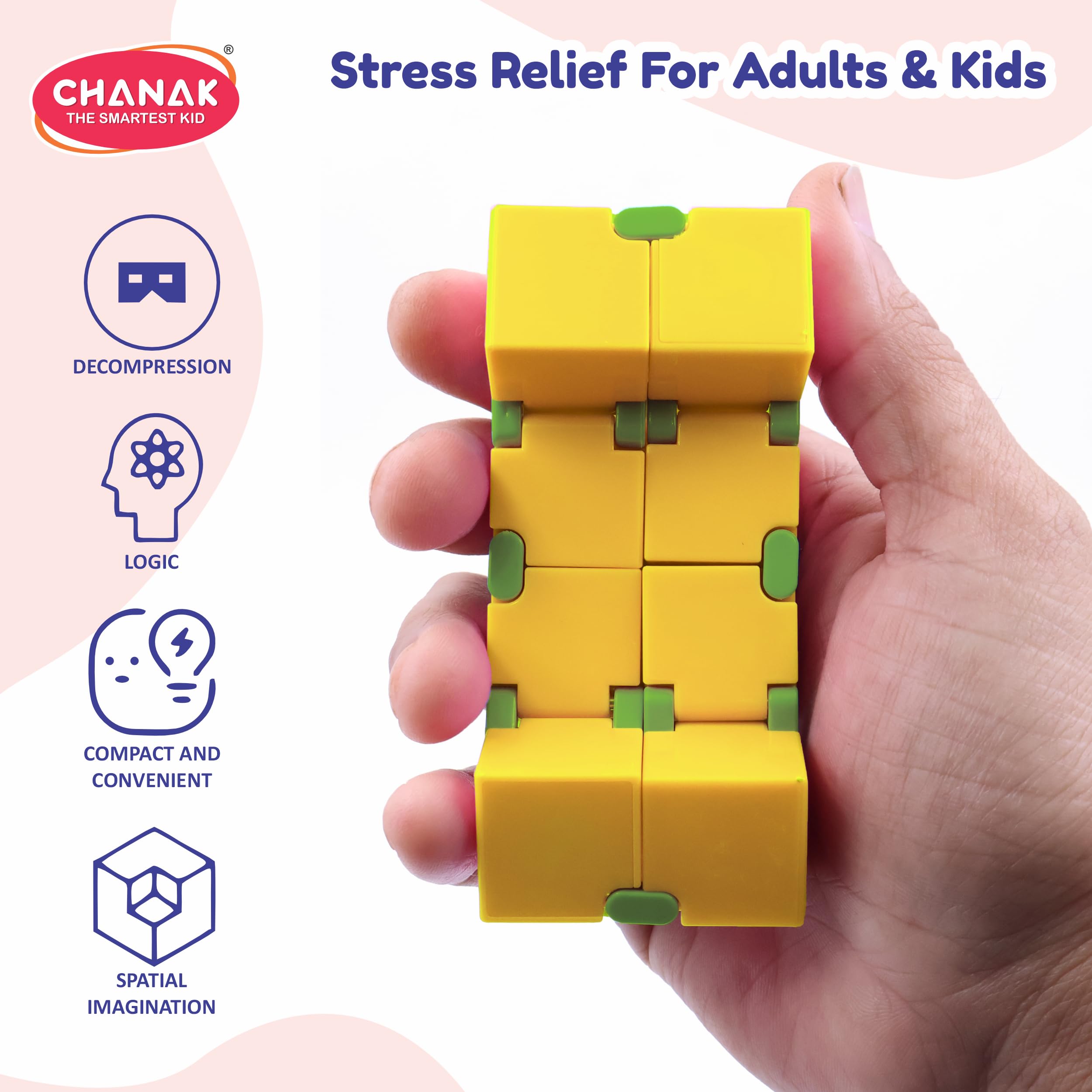 Chanak Infinity Cube Fidget Toy Stress Relieving Fidgeting Game for Kids & Adults, Durable ABS Plastic Safe Material Sensory Toys, Unique Gadget for Anxiety Relief Easy to Carry, Above 3+ Age (Yellow) 2