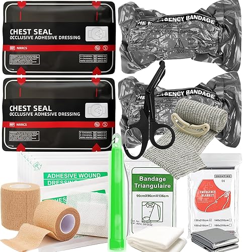 Paquete de control de sangrado Feat Med Trauma Kit, incluye 2 unidades ABD PAD, paquete de 2 vendajes israelíes, torniquete, manta de emergencia,