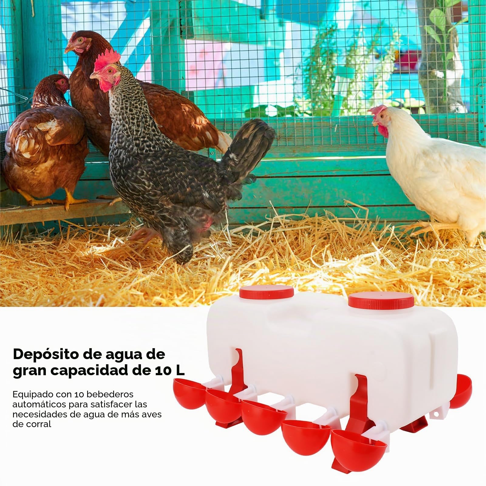 Bebedero Automático para Aves de Corral con 4 Dispensadores, 10 L de Capacidad, Semiautomático para Pollos, Patos y Gansos, Accesorios para Gallinero