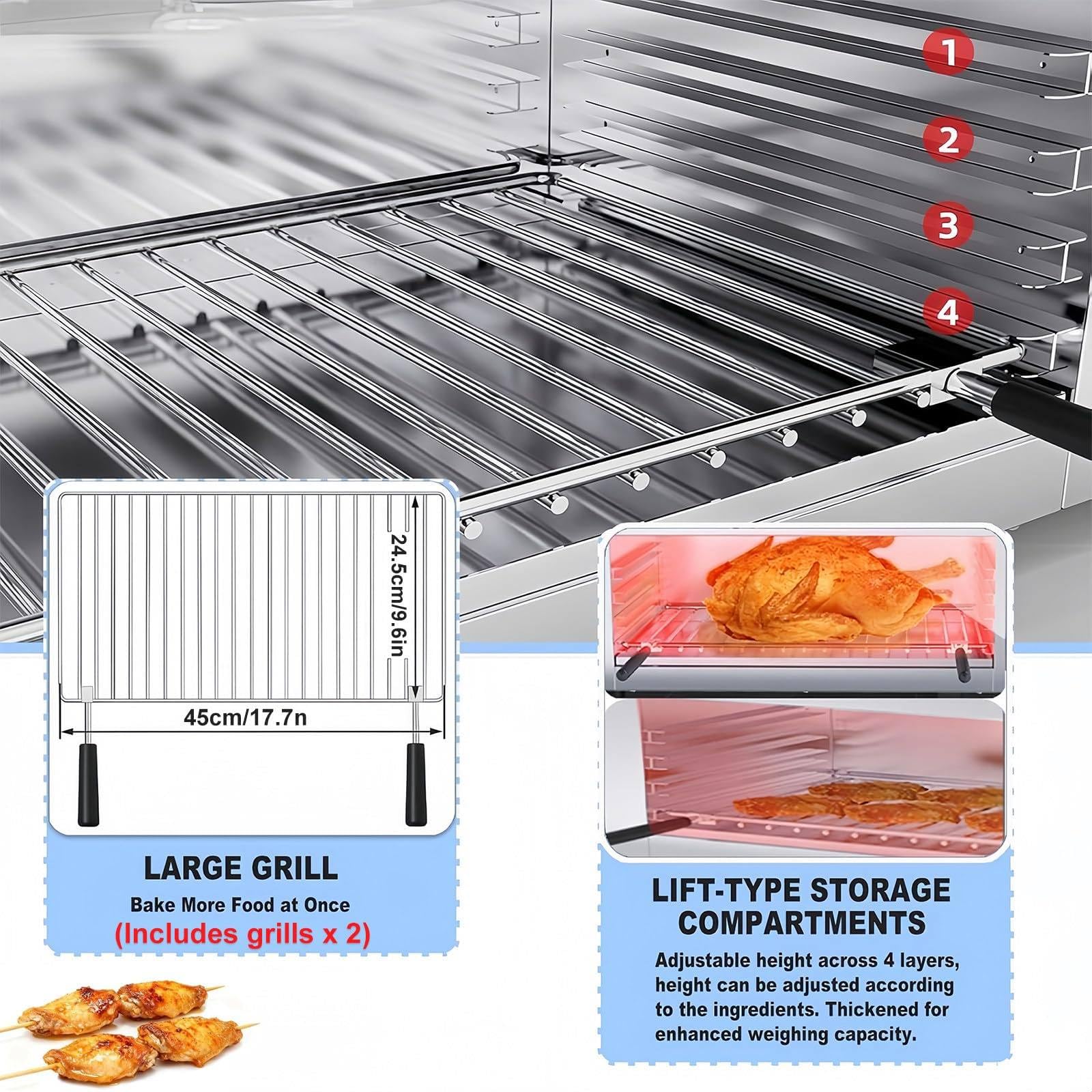 Grill Salamandra Comercial de Sobremesa, Rejilla Ajustable, Fundidor de Queso Eléctrico 2000W, Horno de Acero Inoxidable para Fundir Queso, Tostar Sándwiches, Asar Filetes - 50-300℃