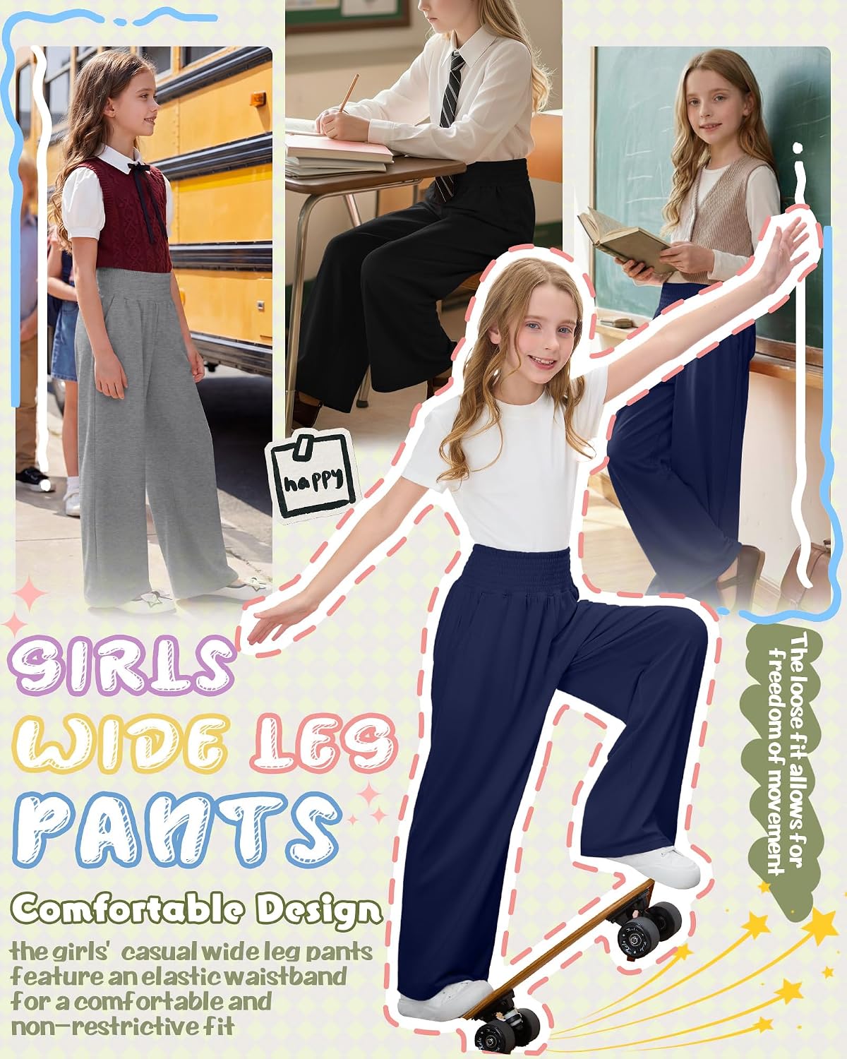 3 Pack Girls Flowy Wide Leg Pants Summer Lightweight Pants High Elastic Waist Loose Uniform Trousers for 5-14y Kids