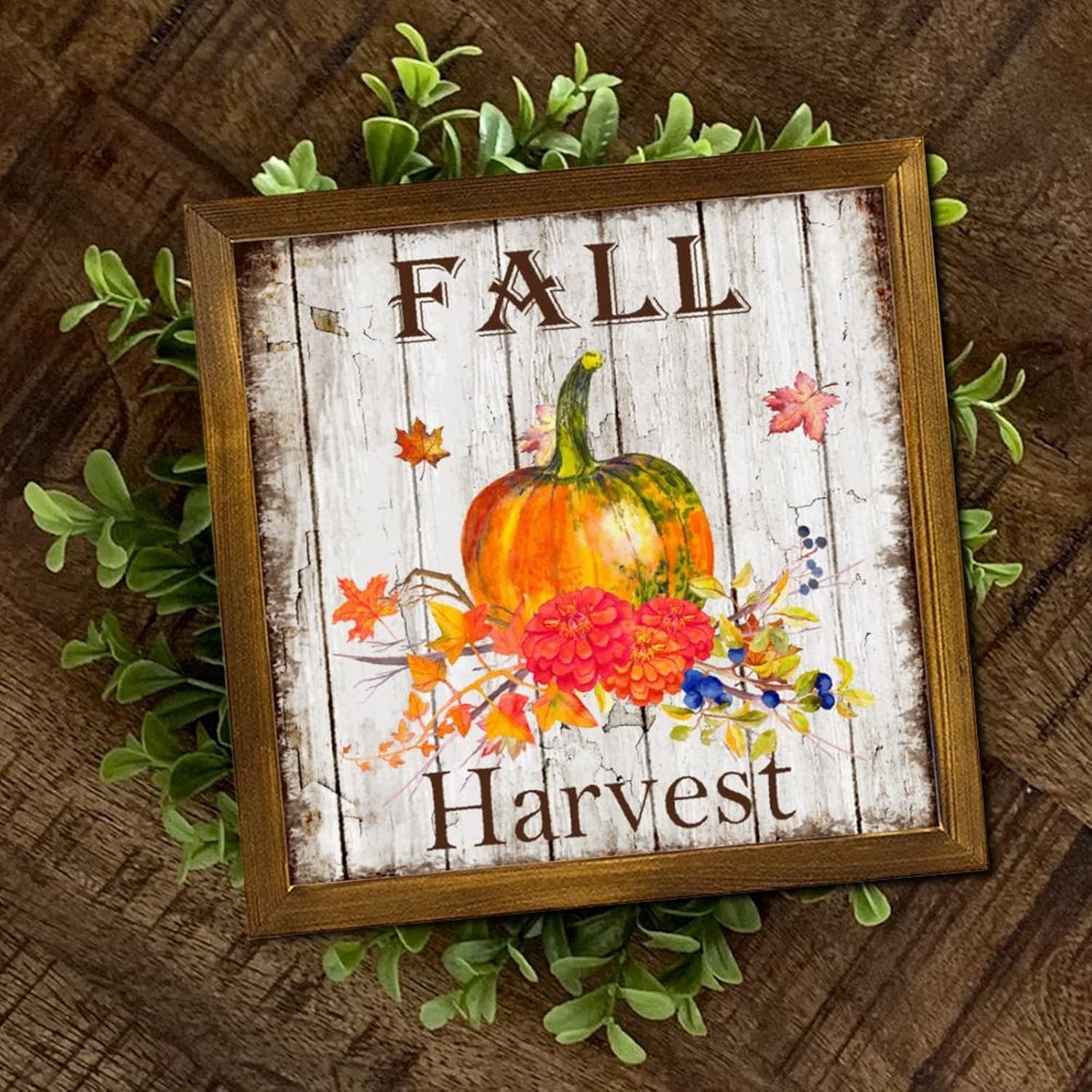 Fall Harvest Wood Framed Signs Pumpkin Flower Maple Leaves Wood Plaque Retro Autumn Harvest Wall Decor Hanging Plaque Sign for Home Bedroom Living Room Bathroom 12x12 inch