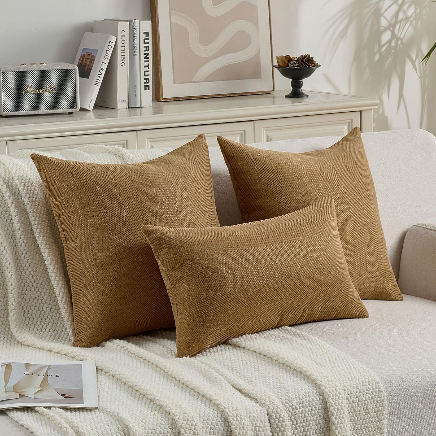 FUTEI Camel Chenille Throw Pillow Covers 24x24 Inch Set of 2,Soft Wide Chevron Textured European Pillow Shams,Farmhouse Home Decor for Couch Bed Living Room