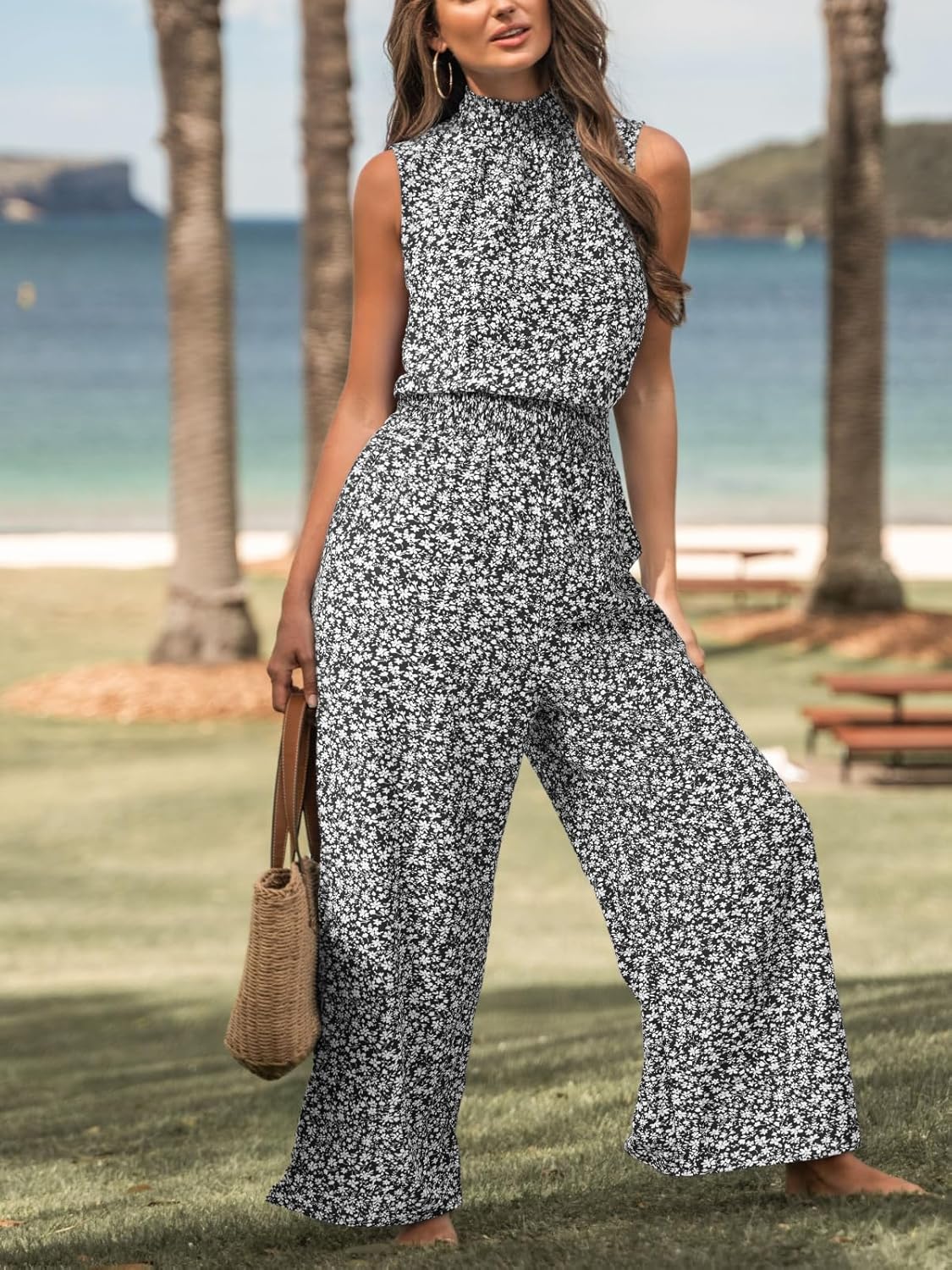 CUPSHE Women Floral Summer Maxi Jumpsuit with Pocket Mock Neck Elastic Waist Wide Leg Business Wedding Casual Holiday Dressy - Image 5