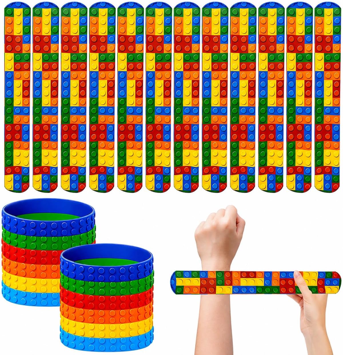 24Pcs Building Block Bracelet Set, 12 Slap and 12 Silicone Bracelets