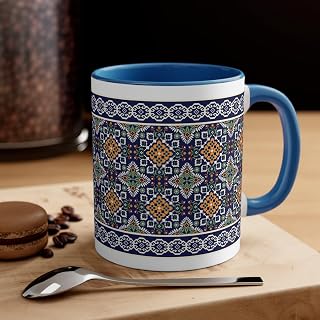 Slavic Design Accent Mug Ukrainian Oriental Embroidery Geometric Pattern - Red/Blue/Navy Blue 11oz Blue / 11oz