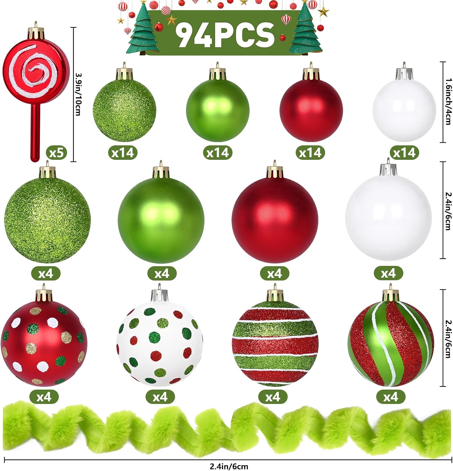 Waipfaru 94Pcs Red Green Christmas Ball Ornaments Set with Faux Fur Ribbon, Glittering Swirl Candy Cane Peppermint Balls for Christmas Tree Holiday Party Home Decoration