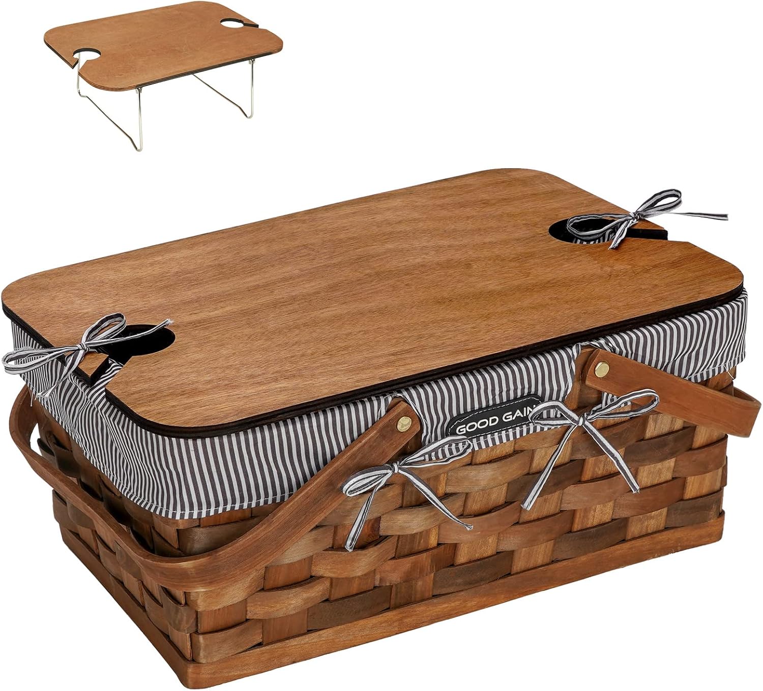 Woodchip Picnic Basket with Portable Wine Table, Woven