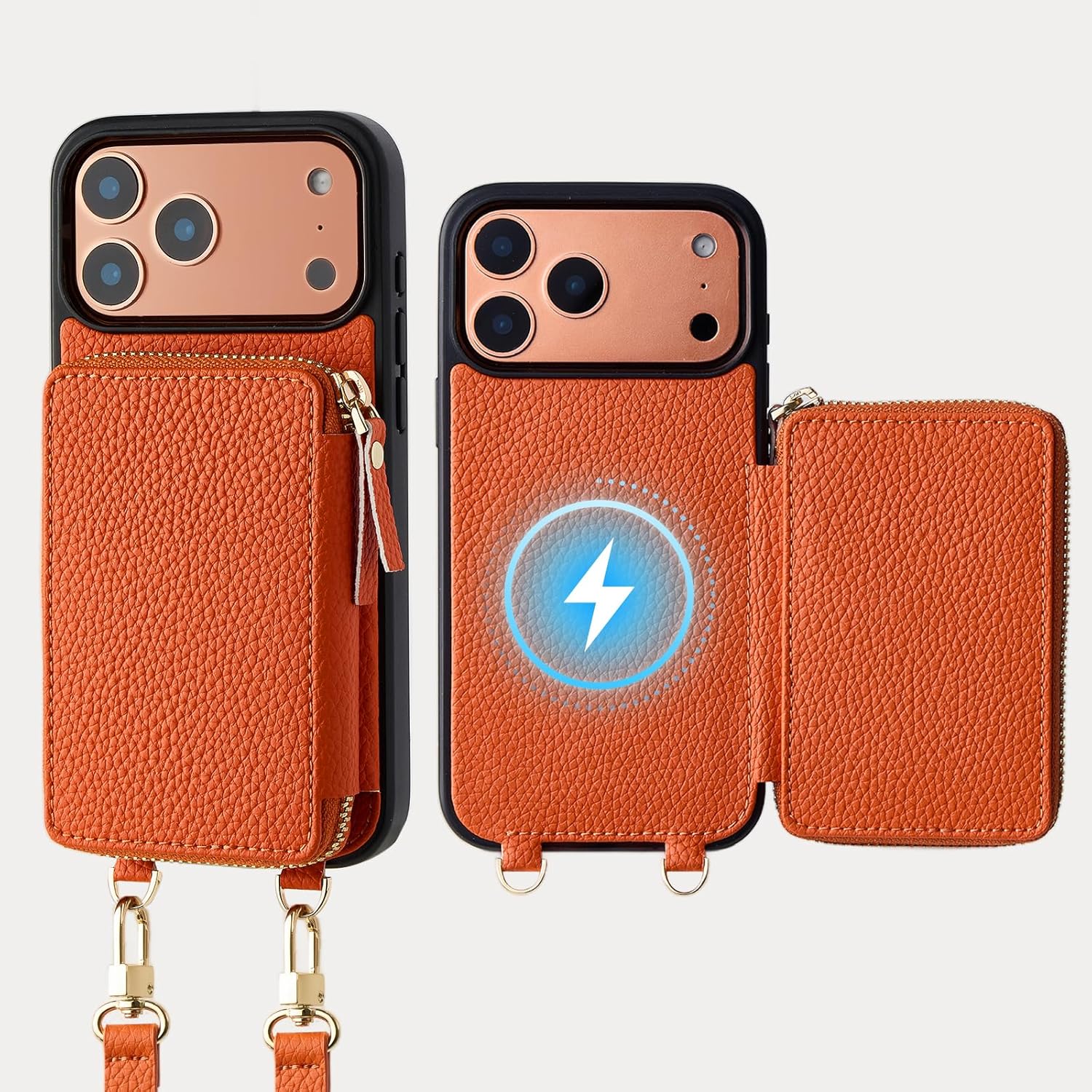 ZVE for iPhone 17 Pro Wallet Case Compatible with Magsafe, Zipper Phone Cover with Chain Wrist Strap RFID Blocking for 6.3" Orange