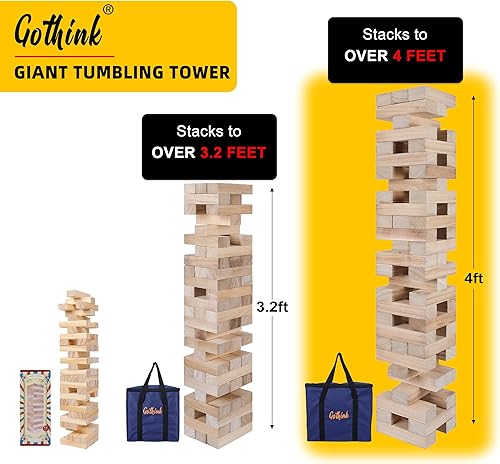 Vista 33 de GOTHINK Juego de torre gigante de caída, torre grande que se apila a más de 3.2 pies, 60 piezas de bloques gigantes de madera para juegos de patio