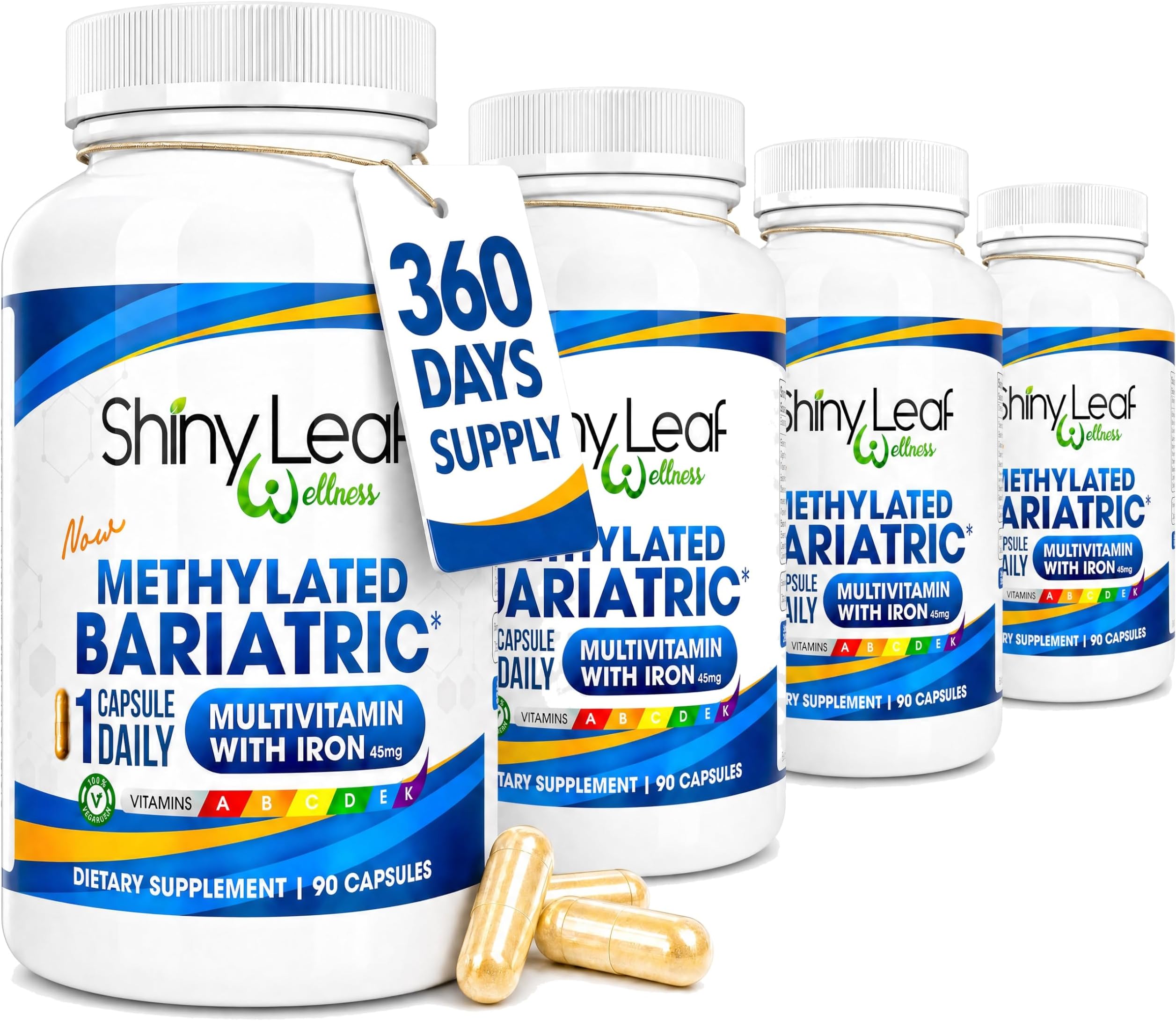 Shiny Leaf Methylated Bariatric Multivitamin with Iron 45mg โ Once Daily Capsule, ASMBS Compliant Bariatric Vitamins for Gastric Bypass & Gastric Sleeve, for Men & Women, USA Made โ 4 Pack (360 Count)