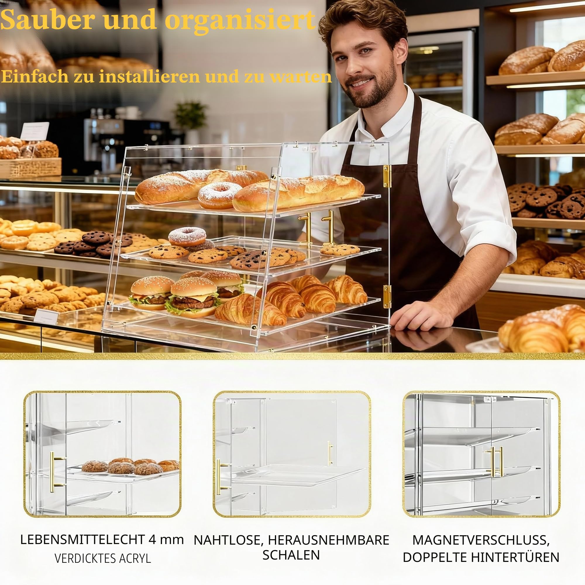 Commercial Bakery Vitrine mit magnetischen Türen hinten, 53 x 43,5 x 42,6 cm, Gebäckvitrine für Küche, Donut
