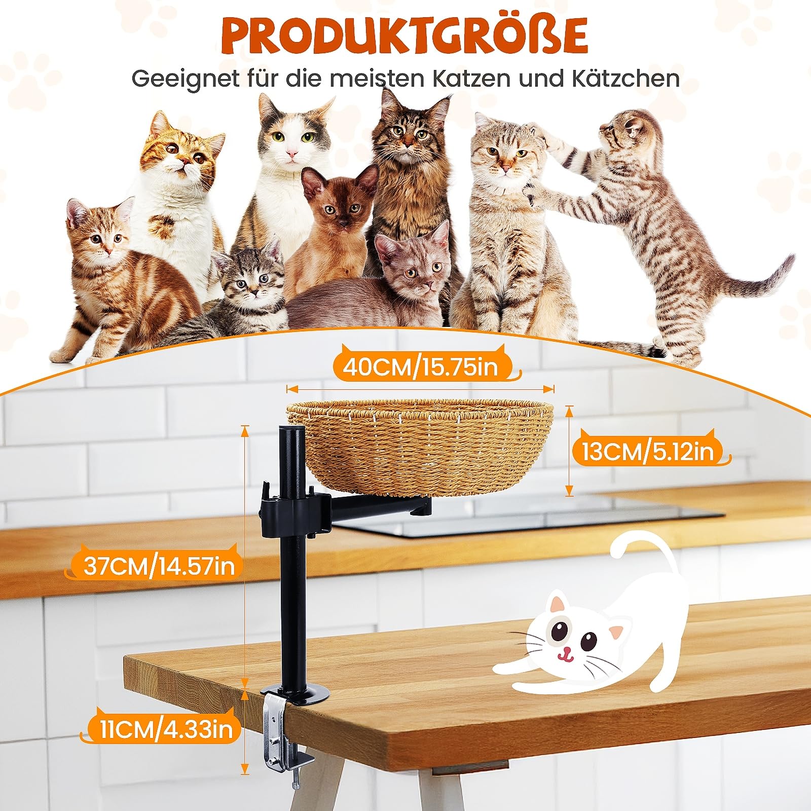 Katzenbett für Schreibtisch - 360°Drehung, verstellbare Höhe Kein Bohren Erhöhtes Katzenhaus über Schreibtisch Hält Kätzchen Katze nah und Arbeitsbereich Klarer Tisch-Katzenbett mit Haustier-Kissen