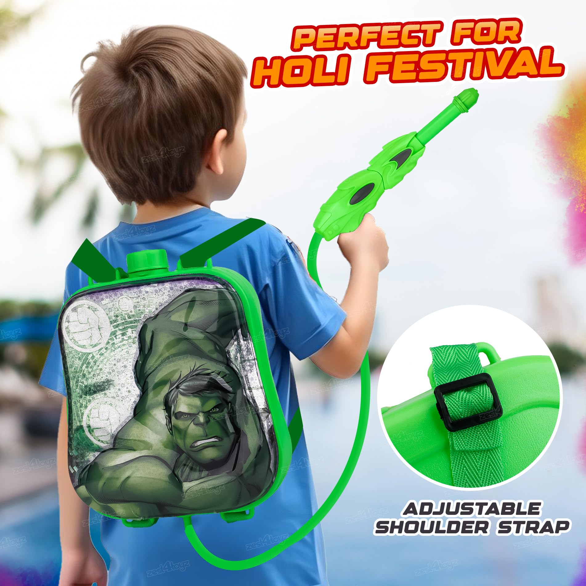 Zest 4 Toyz Holi Pichkari Water Gun for Kids Powerful High Pressure Water Tank with 1 Pkt Herbal Gulal & 100 Balloon - Hulk (Super Tank)- Boys and Girls