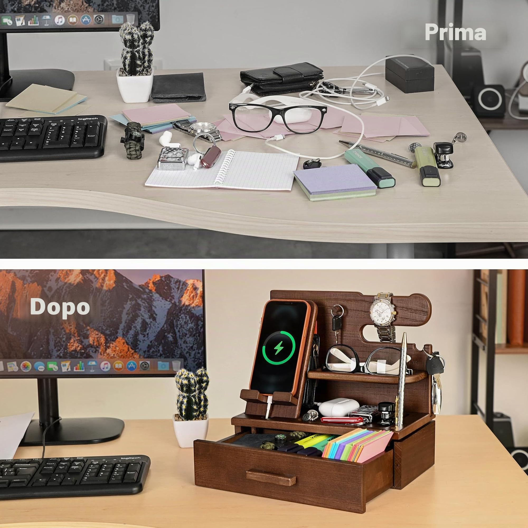 TESLYAR Stazione di ricarica telefono in legno con cassetto - Organizer da comodino - Organizer da scrivania per marito - Idee regalo di compleanno per uomini, papà, anniversario, portachiavi