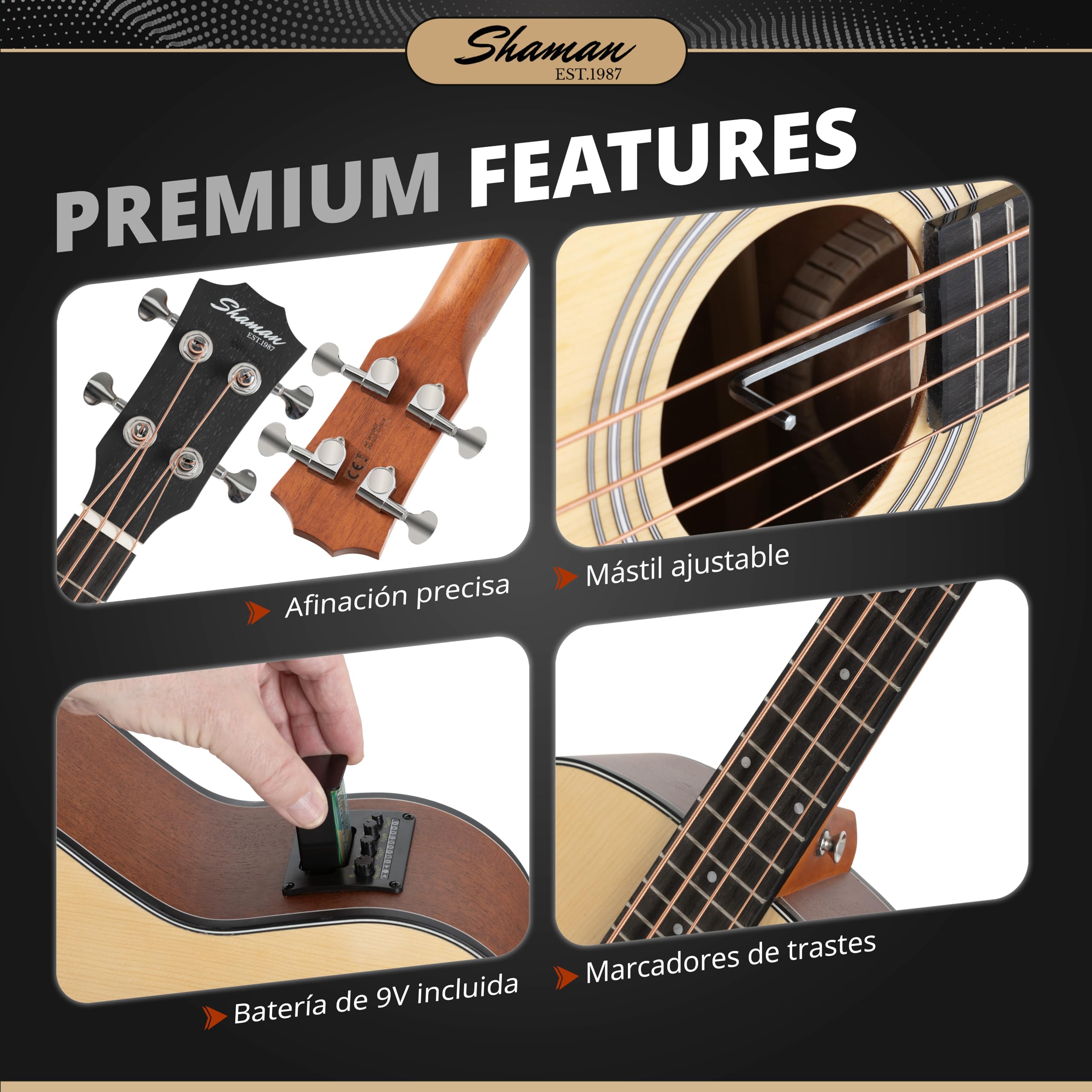 Shaman ABM4-50E-NT Bajo Acústico Natural, General, Modell: ABM4-50E-NT | Serie: AB Mini, Gewicht: 1, 74 kg, Anzahl Saiten: 4, Orientierung: Rechtshänder, Cuerpo, Forma del cuerpo: AB Mini, Mástil