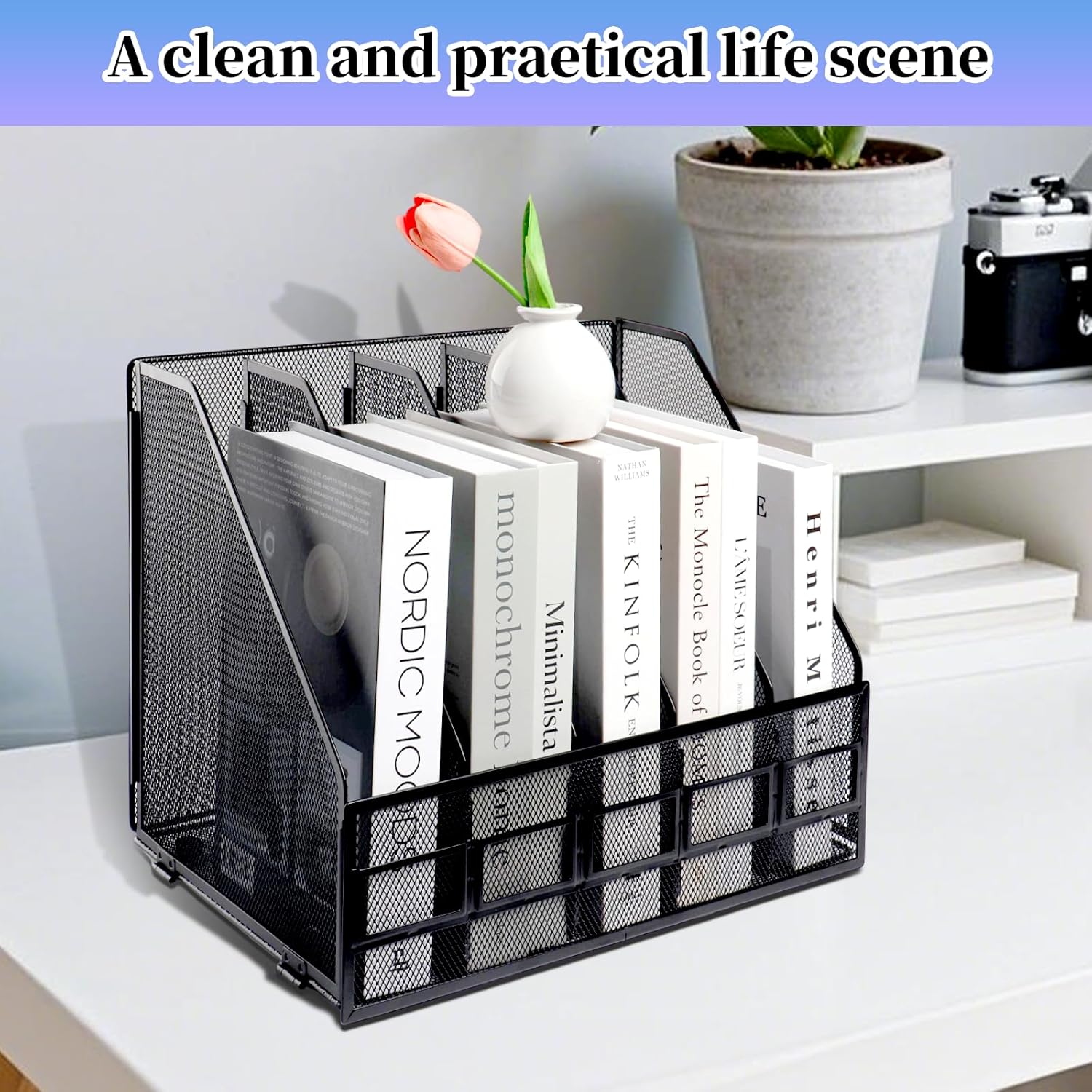 EXOFC Metal Mesh File Holder, 5 Compartments Document Holder Office File Storage Rack, A4 Magazine Desktop Organizer, Black