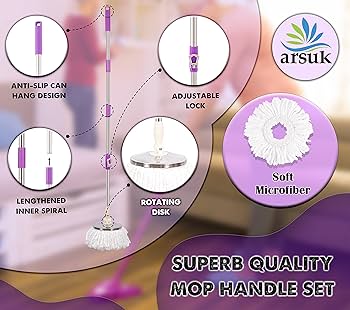 ARSUK Spin Mop Head Base Handle With 2 Microfibers Head Refills U2013 Stainless Steel Mops Stick/Rod/Pole Replacement For 360° Spin Buckets Systems, Universal Mop Handle For Floor Cleaning