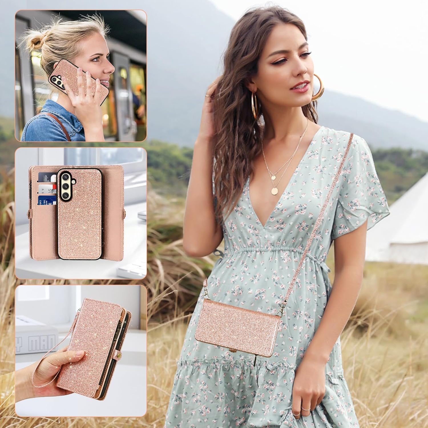 Asuwish Phone Case for Samsung Galaxy S24 5G Zipper Wallet Detachable Cell Cover with Tempered Glass Screen Protector Lanyard Wrist Strap Flip Credit Card Holder Slot S 24 24S G5 Women Men Rosegold